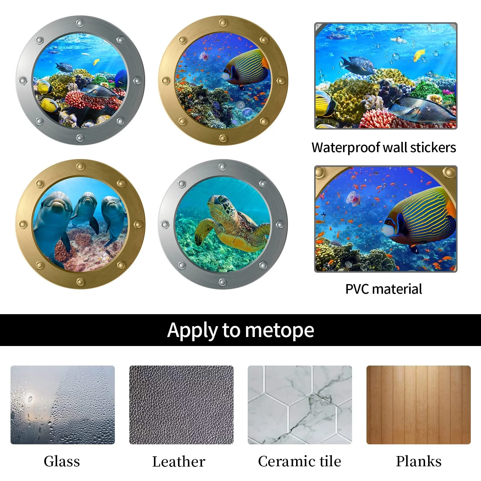 Наклейки на стіну 3D Underwater World Porthole 4 шт Золотистий + сріблястий, фото №6