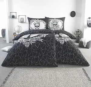 Комплект постільної білизни з мікрофібри BaSaTex для пар двосторонній мотив 4 предмети 2 x 135 x 200 см + 2 x 80 x 80 см Till The Death Dark synthetic.ua - Фото 1