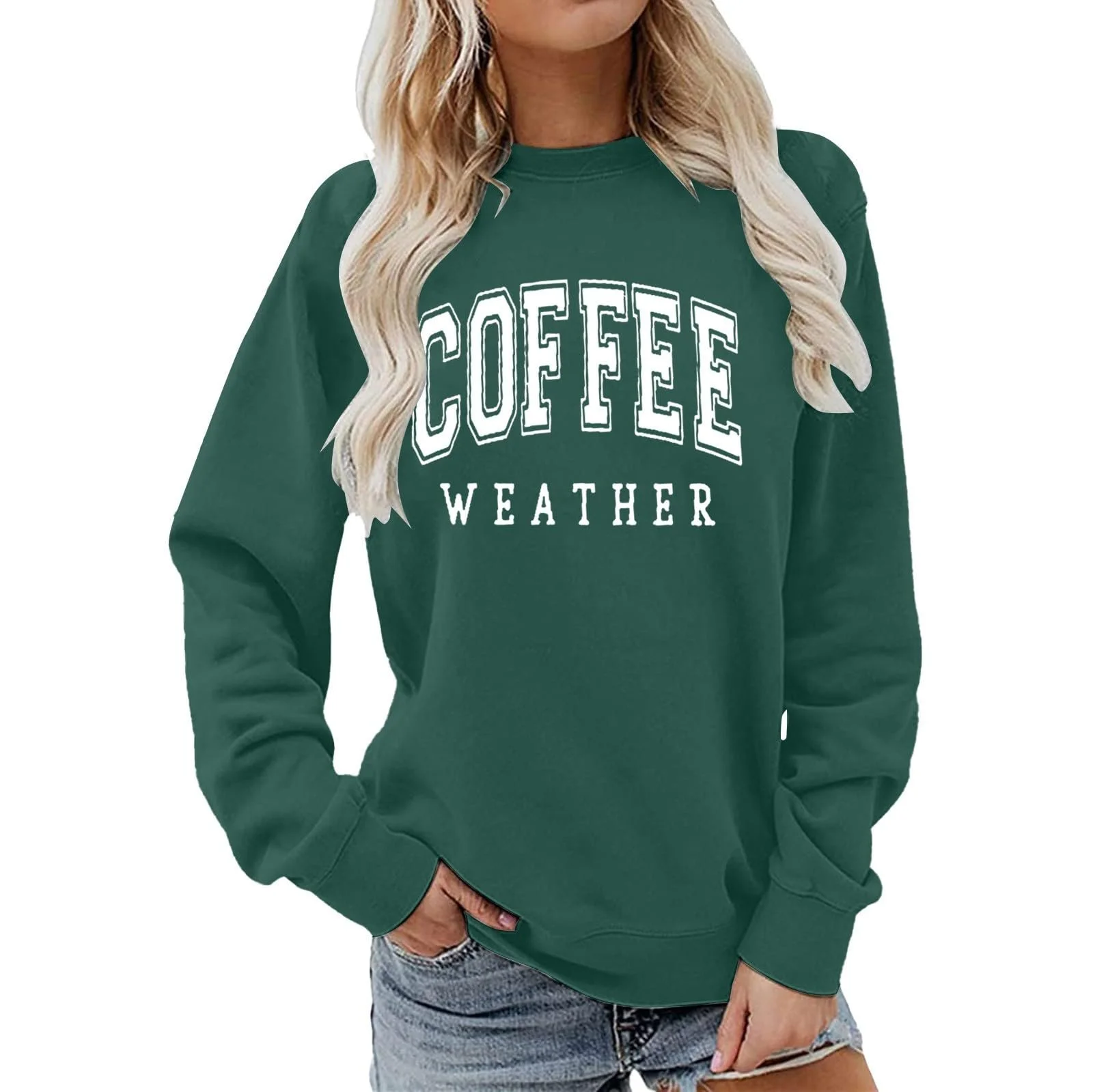 Женский свитшот 2025 Festive Street Style Кофе Weather Letter Print с длинными рукавами, круглым вырезом, свободный пуловер, блузки, осенние повседневные топы, фото №1