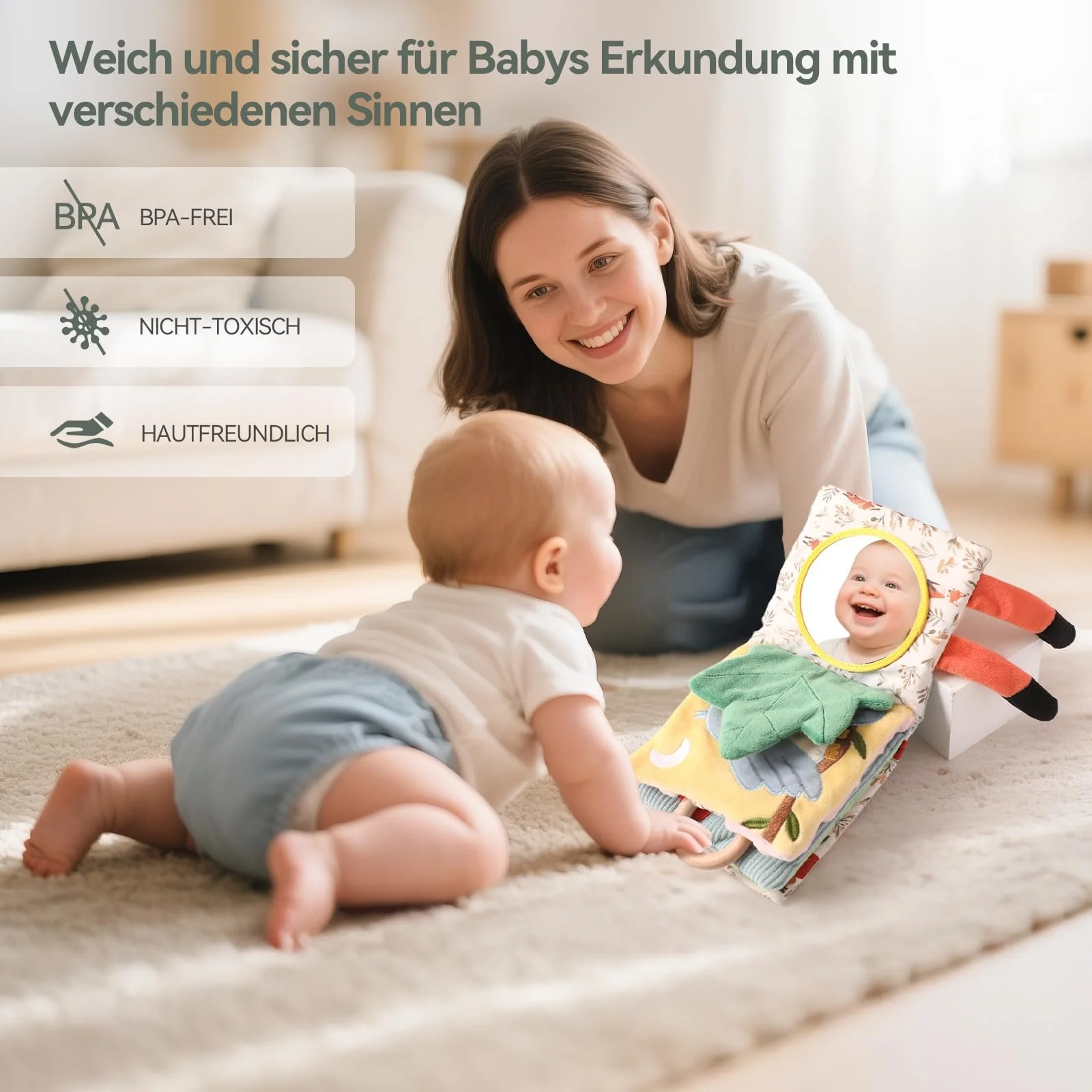 Тканинна книжка-прорізувач Baby Book з дзеркалом, іграшка для малюків Слони, фото №4