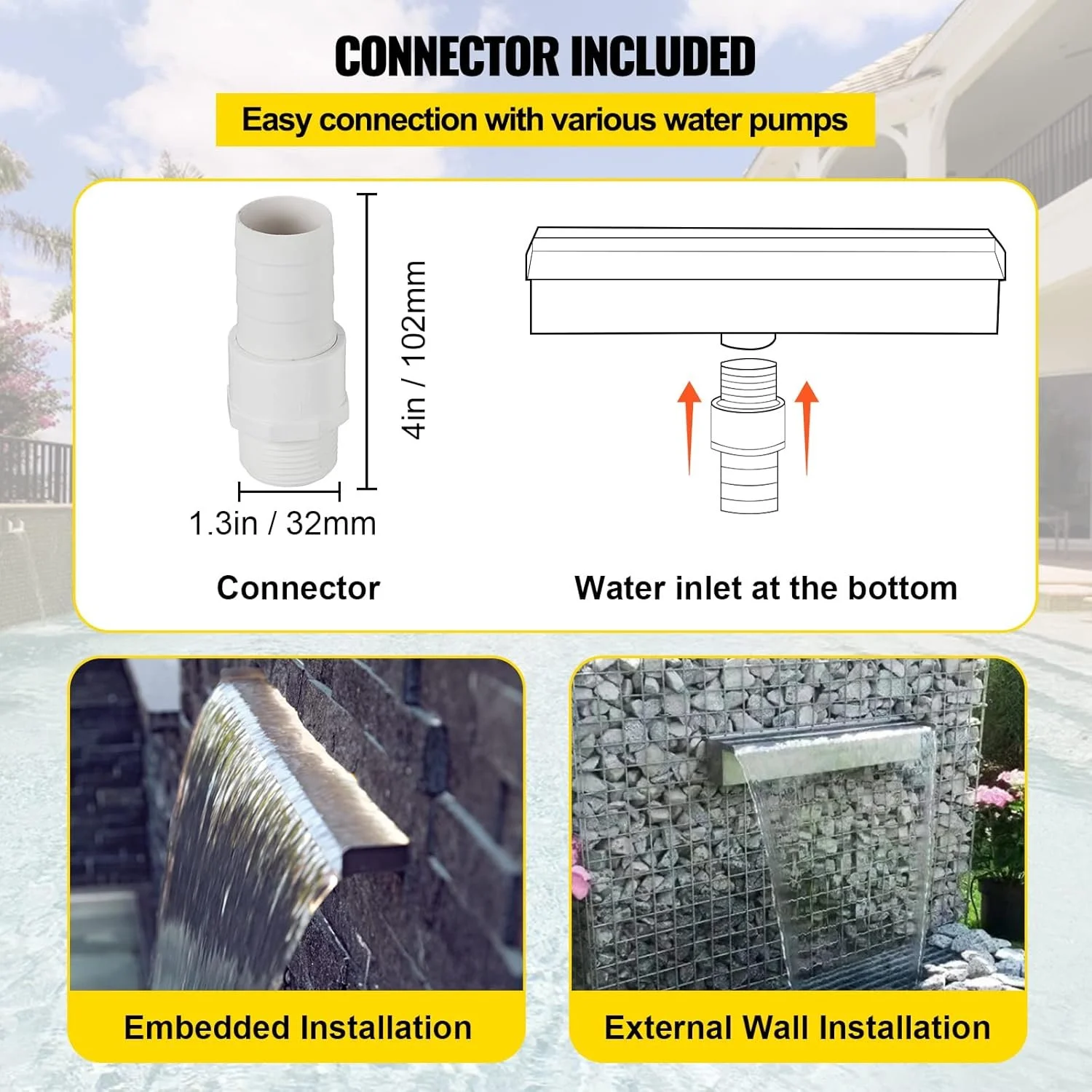 Фонтан для басейну VEVOR FAGA-6252 / 30 см ширина потоку / Нержавіюча сталь / Сріблястий, фото №7 Фонтан для басейну VEVOR FAGA-6252 / 30 см ширина потоку / Нержавіюча сталь / Сріблястий, фото №7