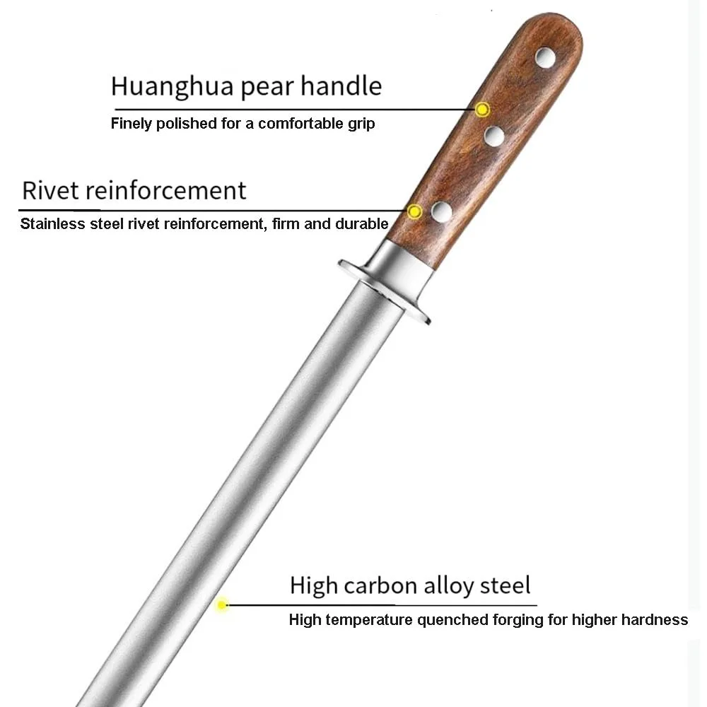 Мусат для ножів 13,7 дюйма вуглецева сталь ручка з грушевого дерева з металевим захистом у подарунковій коробці, фото №4 Мусат для ножів 13,7 дюйма вуглецева сталь ручка з грушевого дерева з металевим захистом у подарунковій коробці, фото №4