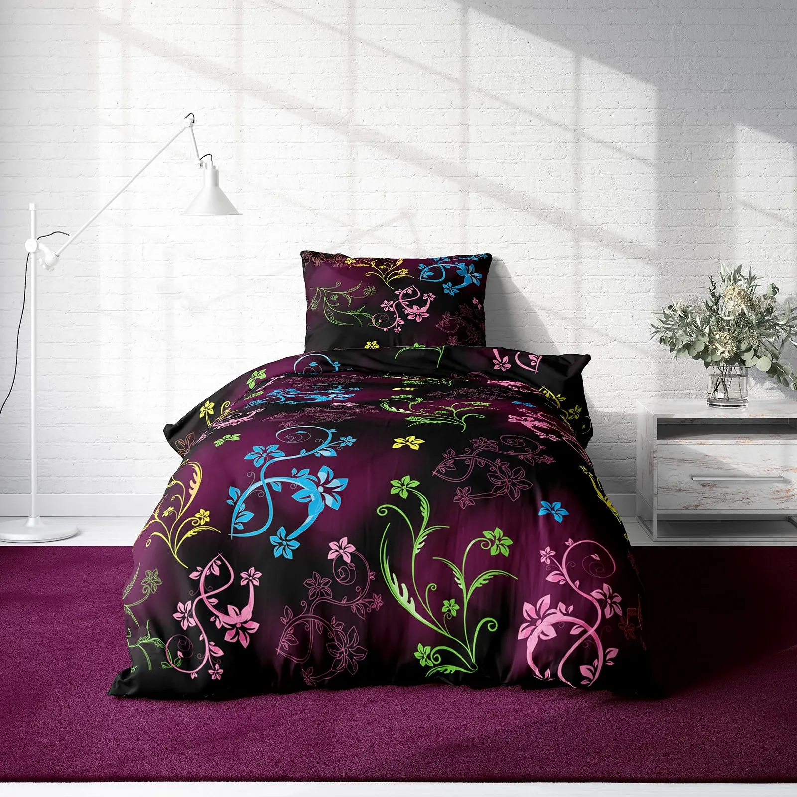 Постільна білизна one-home Floral B-Ware 135x200 см мікрофібра наволочка 80x80 см з блискавкою чорна з квітковим принтом, фото №2