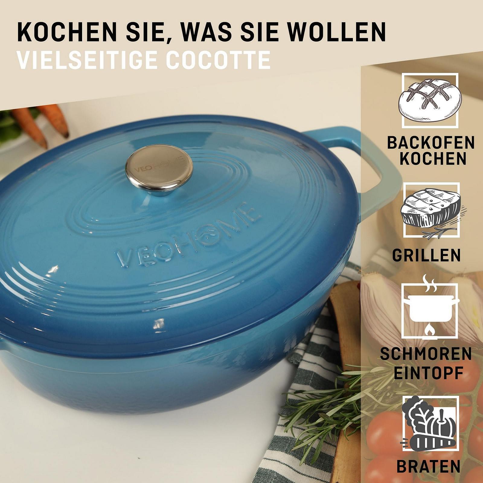 Кастрюля-жаровня VeoHome 6 л овальная чугунная эмалированная синяя, фото №4 Кастрюля-жаровня VeoHome 6 л овальная чугунная эмалированная синяя, фото №4
