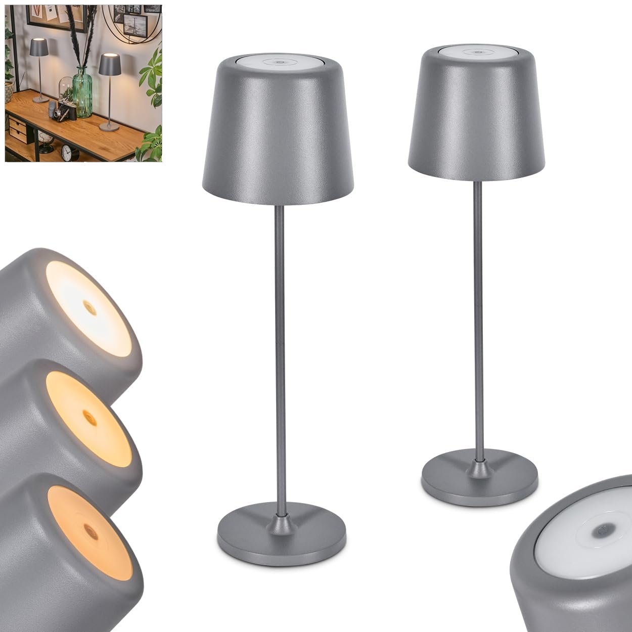 Настільна лампа HOFSTEIN Belece LED набір з 2 шт димована металева/пластикова 37 см USB-C акумуляторна IP44 сіра/біла, фото №1