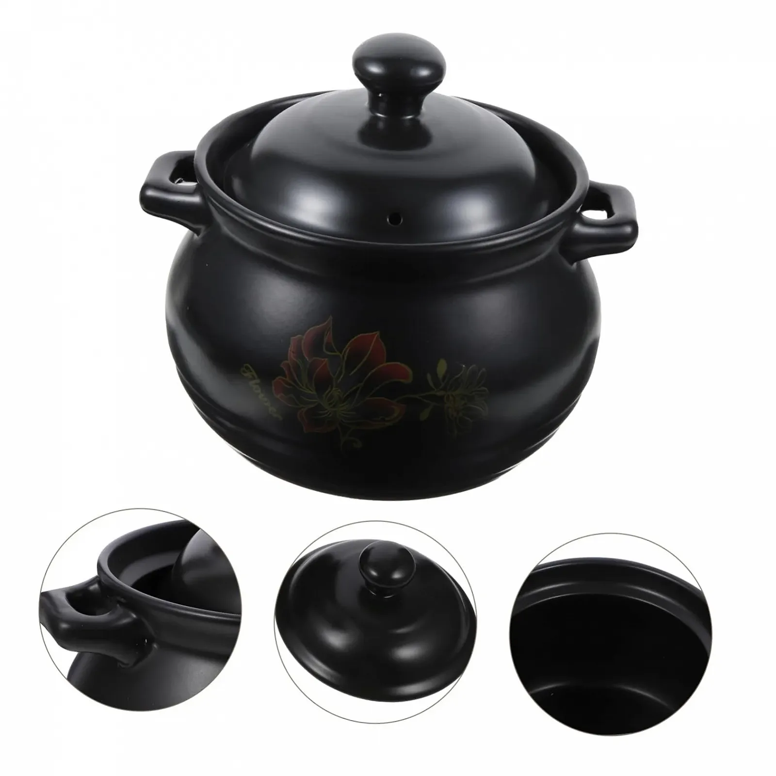 Кастрюля Ciieeo керамическая с цветочным узором Черный, фото №8