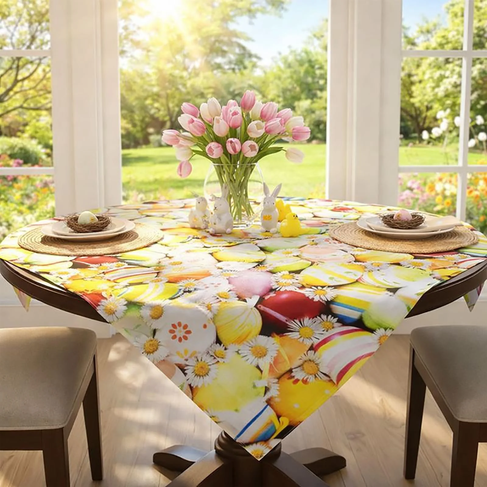 Скатертина KAMACA Spring & Easter 85 x 85 см квіти кролики та писанки, фото №1