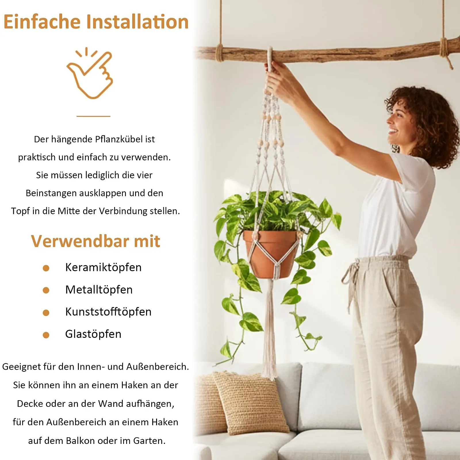 Подвесные корзины Набор 5 шт. хлопковая веревка 10 крючков 2 размера: 4x105 см и 1x140 см, фото №6 Подвесные корзины Набор 5 шт. хлопковая веревка 10 крючков 2 размера: 4x105 см и 1x140 см, фото №6