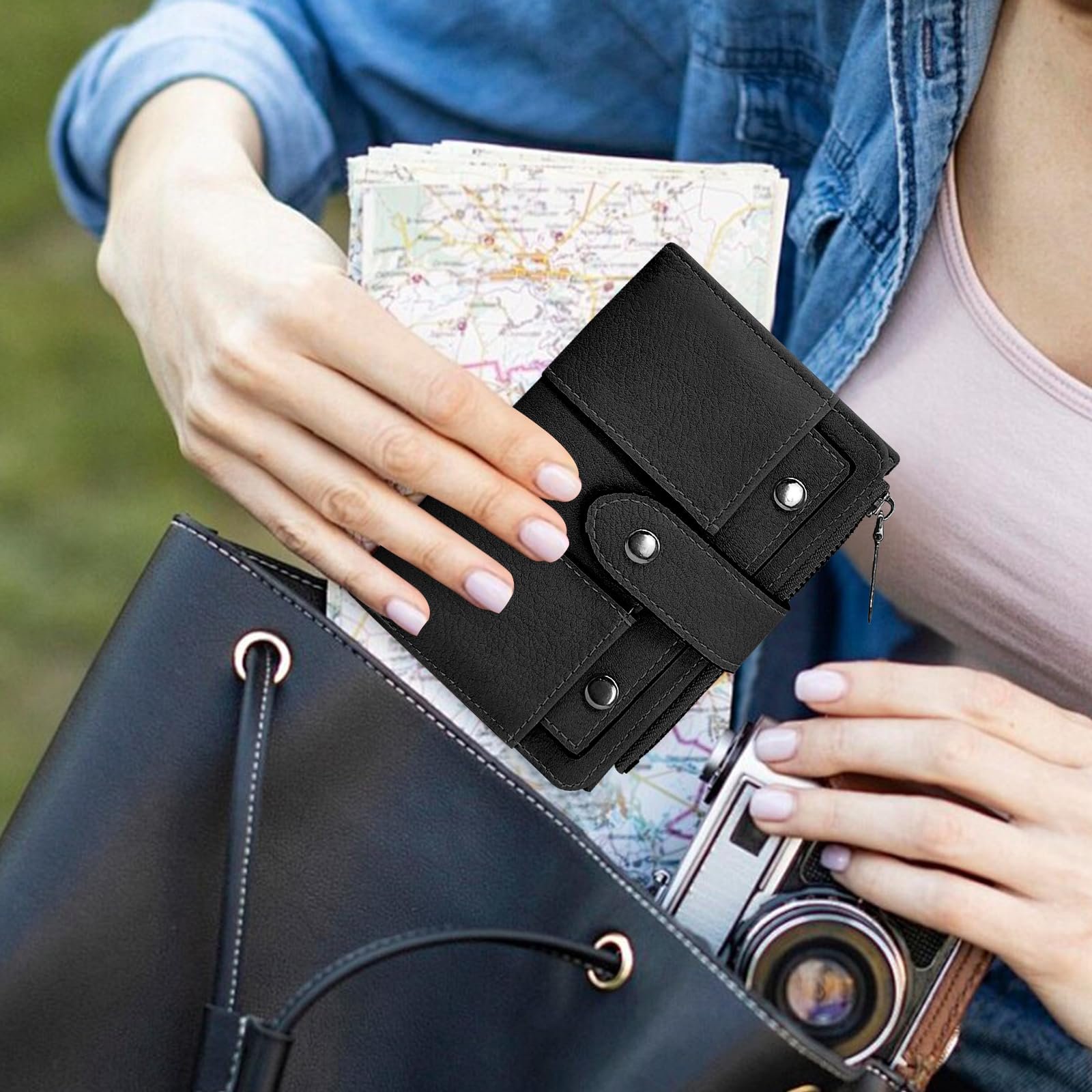 Кошелек AdiStylinno Женский Кожаный PU Bifold Многофункциональный с карманом на молнии для монет, компактный кошелек для кредитных карт с отделениями для карт и окошком для ID, черный, Modern, фото №6