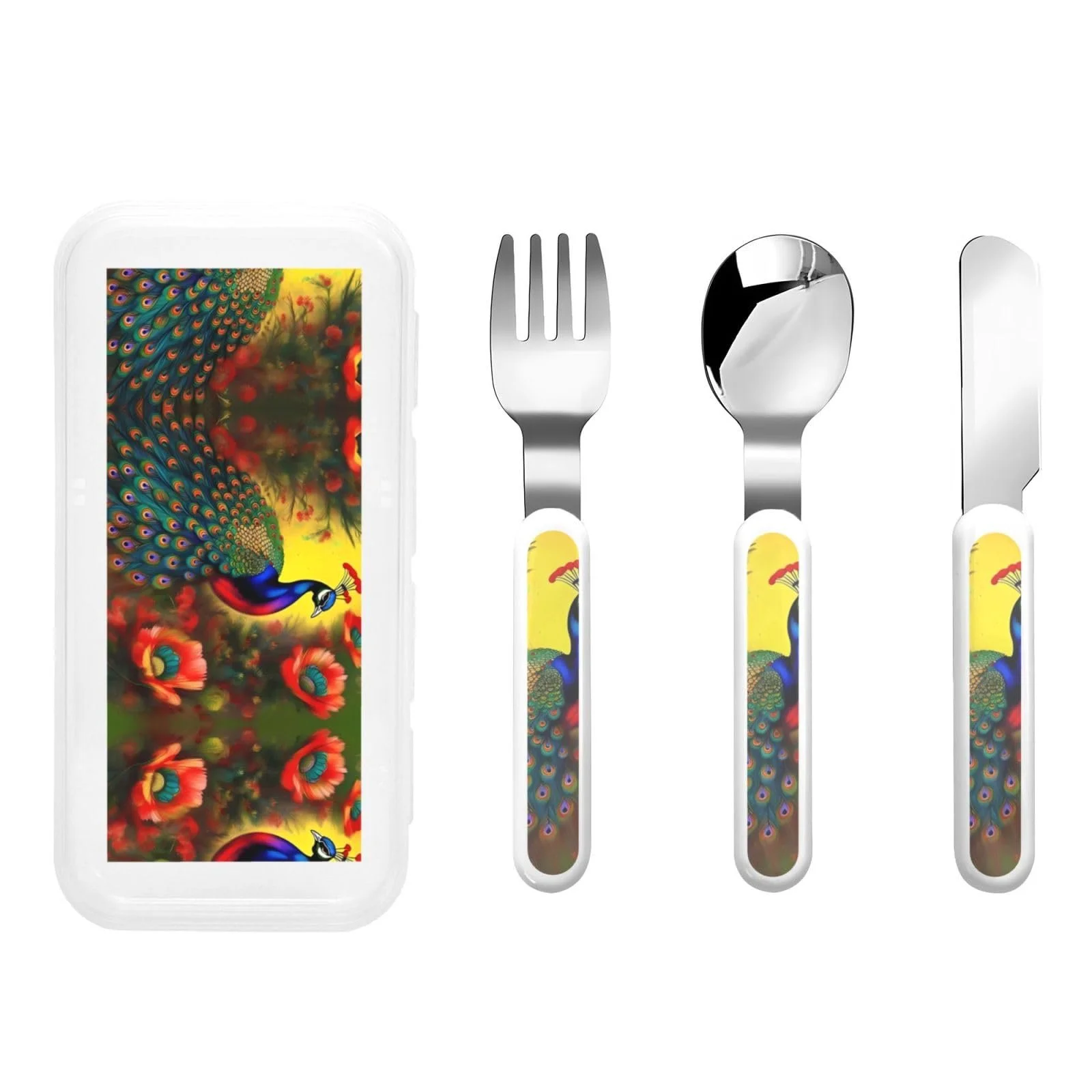 Набір дитячих столових приборів з принтом Квіти павича, 3 предмети, багаторазовий, фото №1 Набір дитячих столових приборів з принтом Квіти павича, 3 предмети, багаторазовий, фото №1