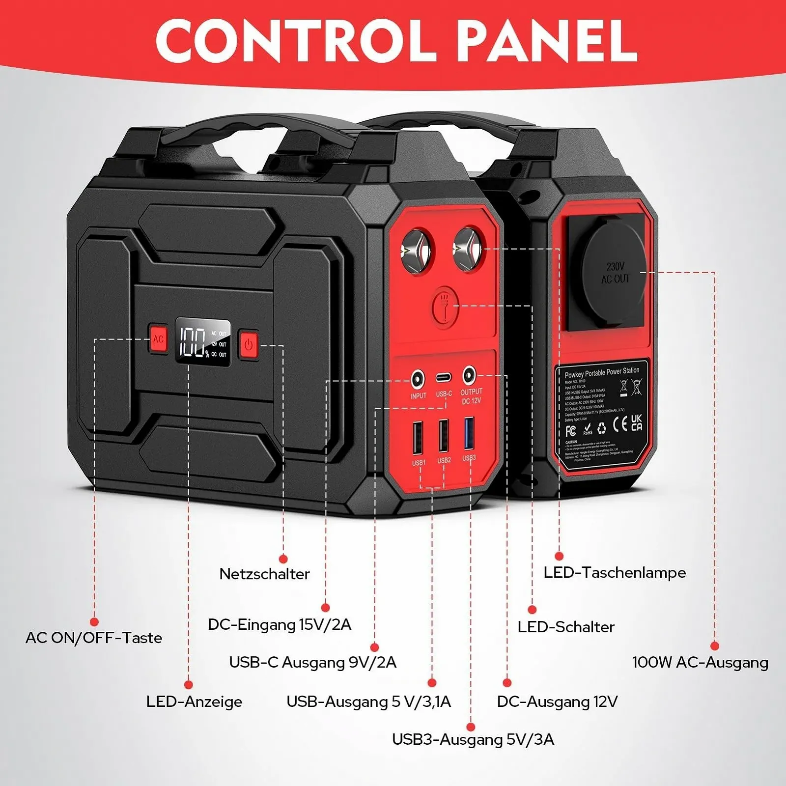 Портативная электростанция Powkey Tragbare 99Wh/27000mAh Tragbares Kraftwerk 100W Solargenerator mit 230V AC Ausgang/QC 3.0 18W USB/Typ-C für Camping Wohnmobile, фото №4