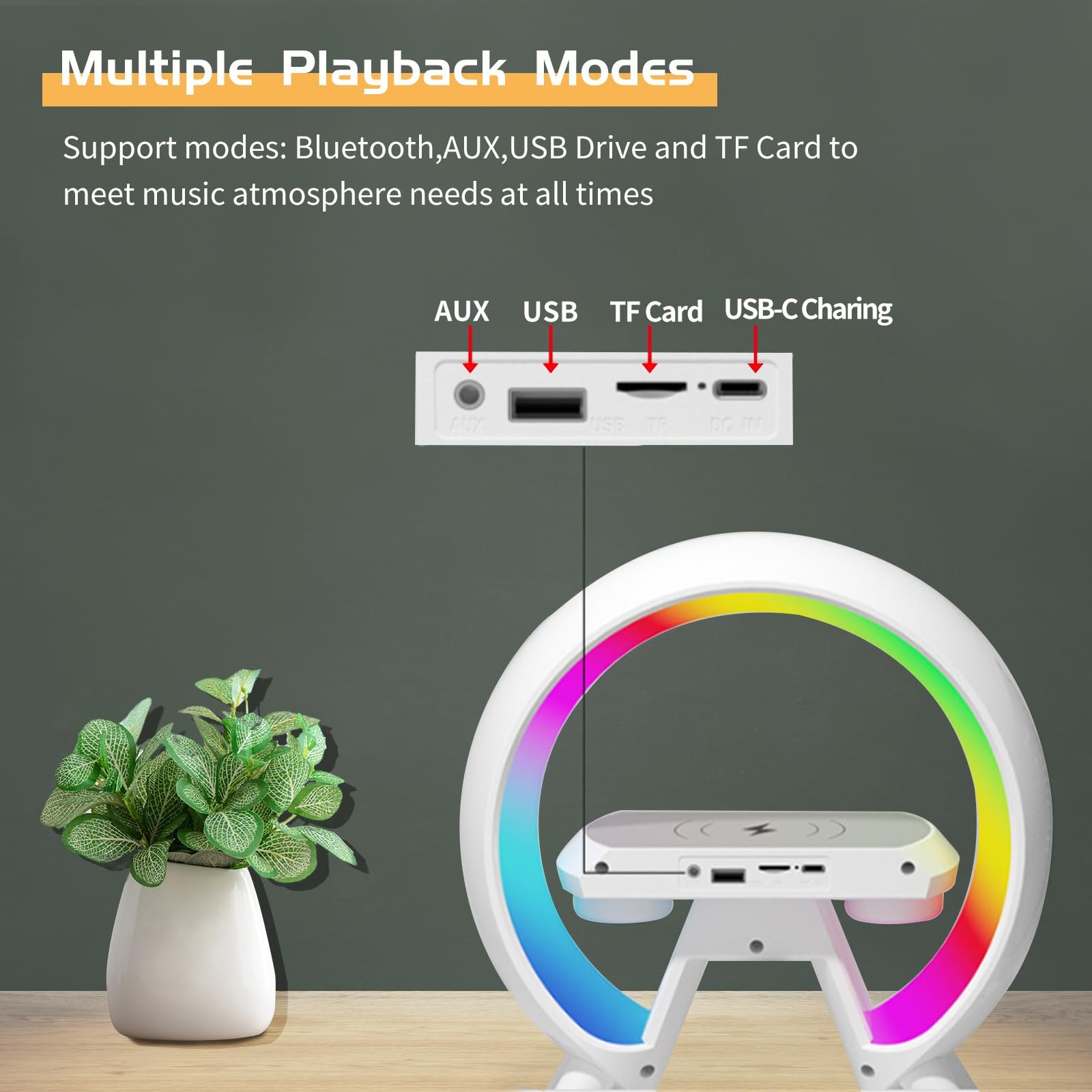 Настільна лампа Runqin Atmosphere Lamp Wireless Charger Bluetooth Speaker Alarm Clock LED White, фото №8