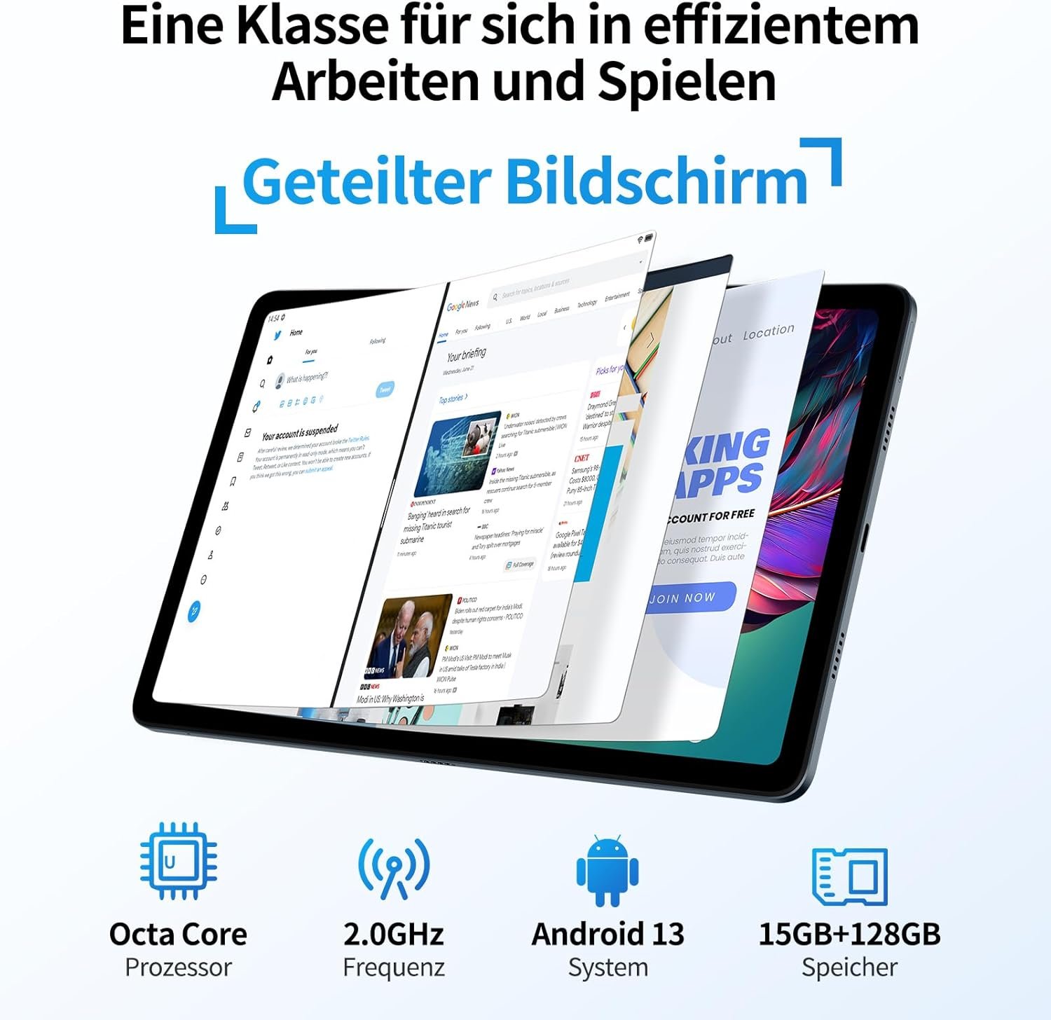 Планшет 10.4" Full HD Doogee T20S (8+7)/128Gb 4G 2-SIM 8 ядер Android 14 7500 mAh Синий, фото №3