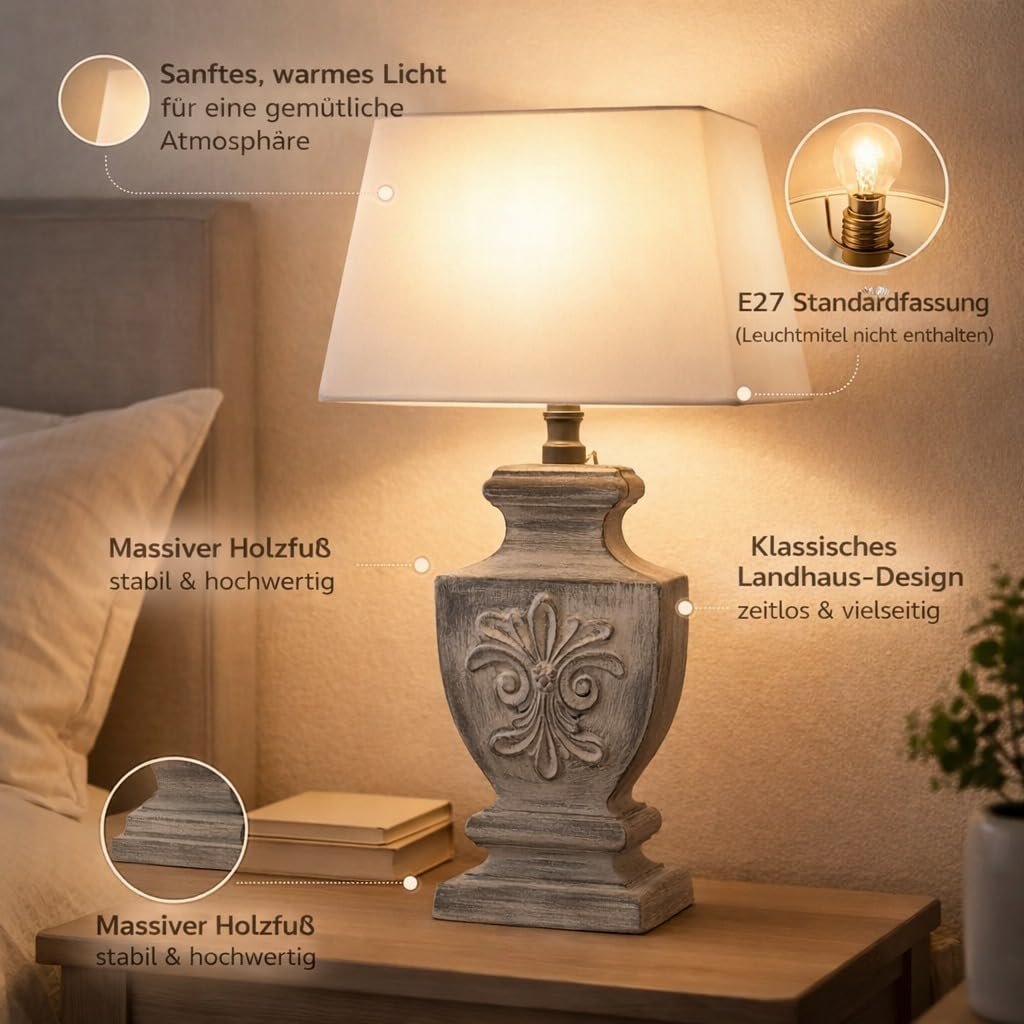 Настільна лампа DRULINE Shabby Chic сіра дерев'яна основа з абажуром 1 x E27 37 x 53 x 17 см, фото №4