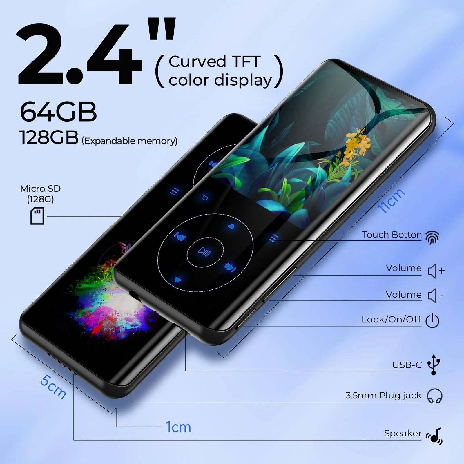 MP3-плеер Tihoosky 64 GB Bluetooth 5.3, HiFi, встроенный динамик HD, сенсорная кнопка, диктофон, до 128 GB, черный, фото №5