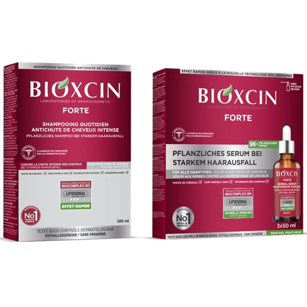 Набір при інтенсивному випадінні волосся Bioxcin Forte: шампунь 300 мл + 3 x 50 мл сироватки, фото №1