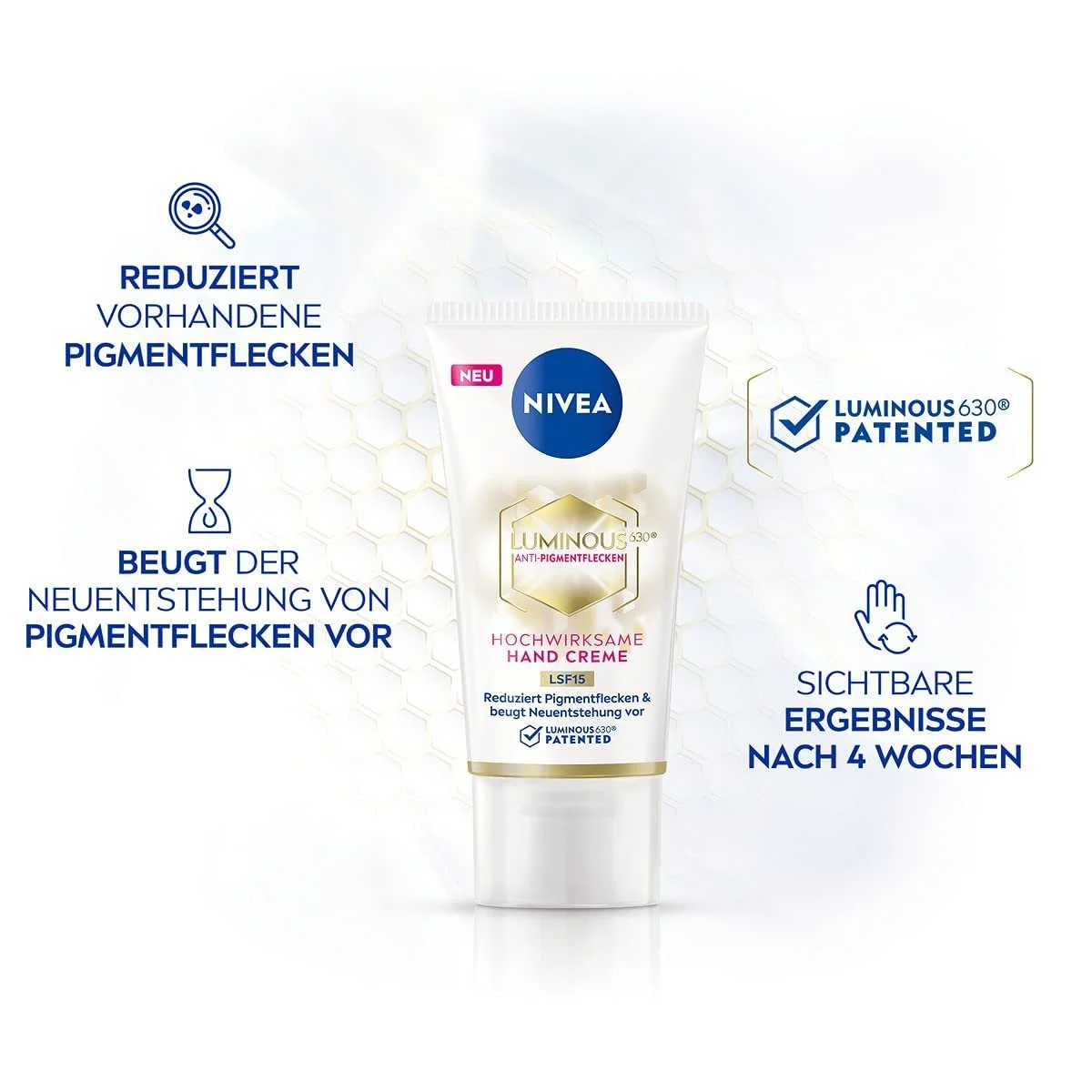 Крем для рук NIVEA Luminous 630 SPF15, 50 мл, питательный крем уменьшает пигментные пятна и предотвращает их повторное образование, высокоэффективный крем против пигментных пятен для рук, фото №2