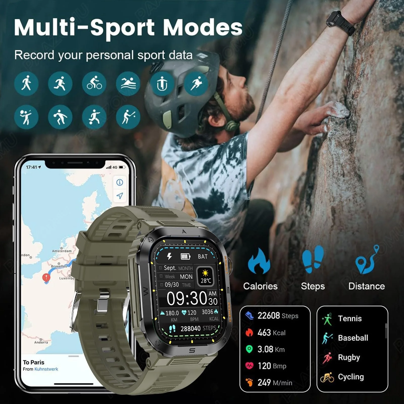 Смарт-годинник Paazomu 2 Inch для чоловіків з функцією відповіді на дзвінки, монітором серцевого ритму, SpO2, сну, сповіщеннями, фото №5 Смарт-годинник Paazomu 2 Inch для чоловіків з функцією відповіді на дзвінки, монітором серцевого ритму, SpO2, сну, сповіщеннями, фото №5