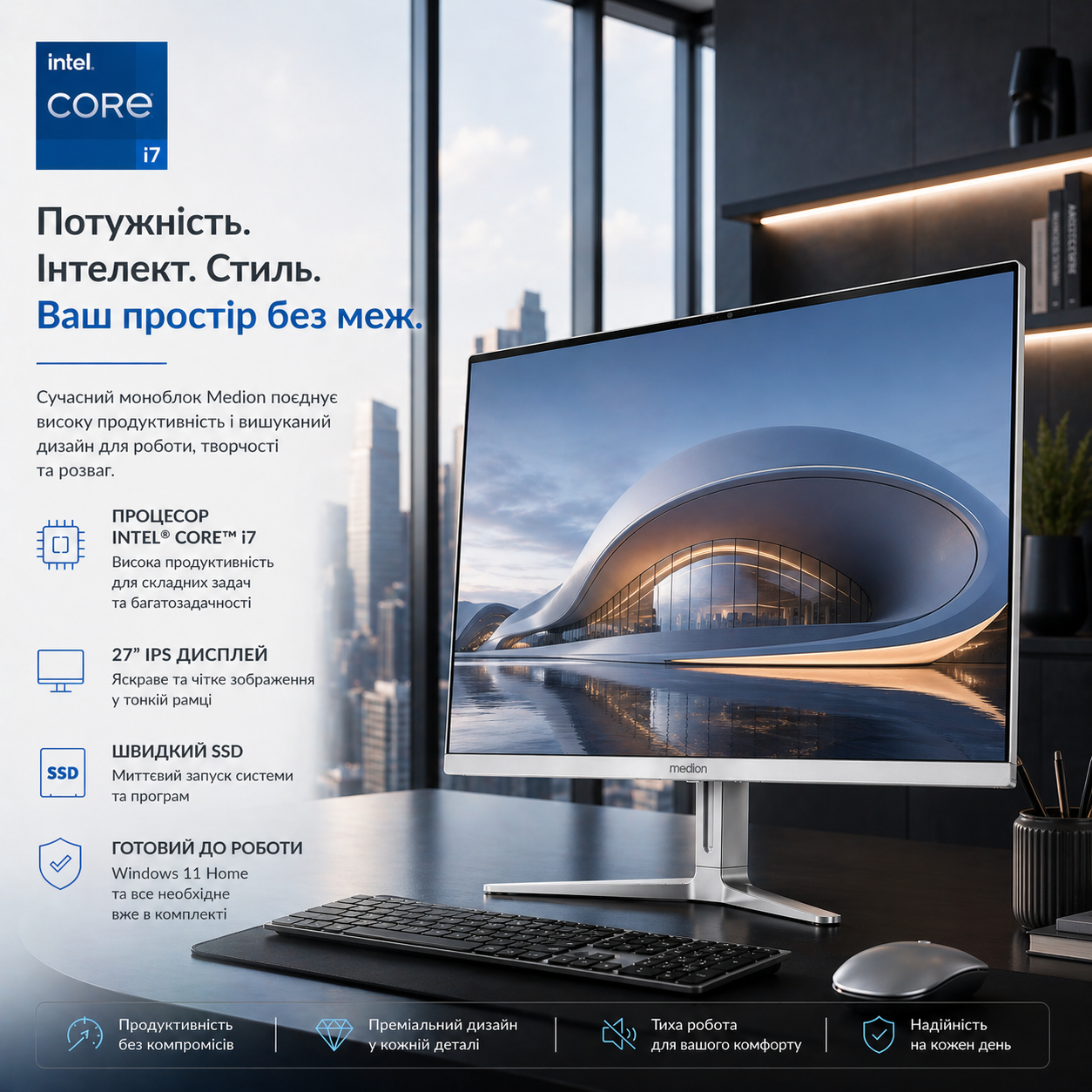 Моноблок 27" Medion (Lenovo Group) Akoya E27403 | Intel Core i7-1165G7 | IPS (1920x1080) FullHD | RAM 16 ГБ | SSD NVME 512 ГБ | Intel Iris Xe Graphics | Wi-Fi 5 | Bluetooth 5.0 | Тонкий корпус | Win11 (5203), фото №1