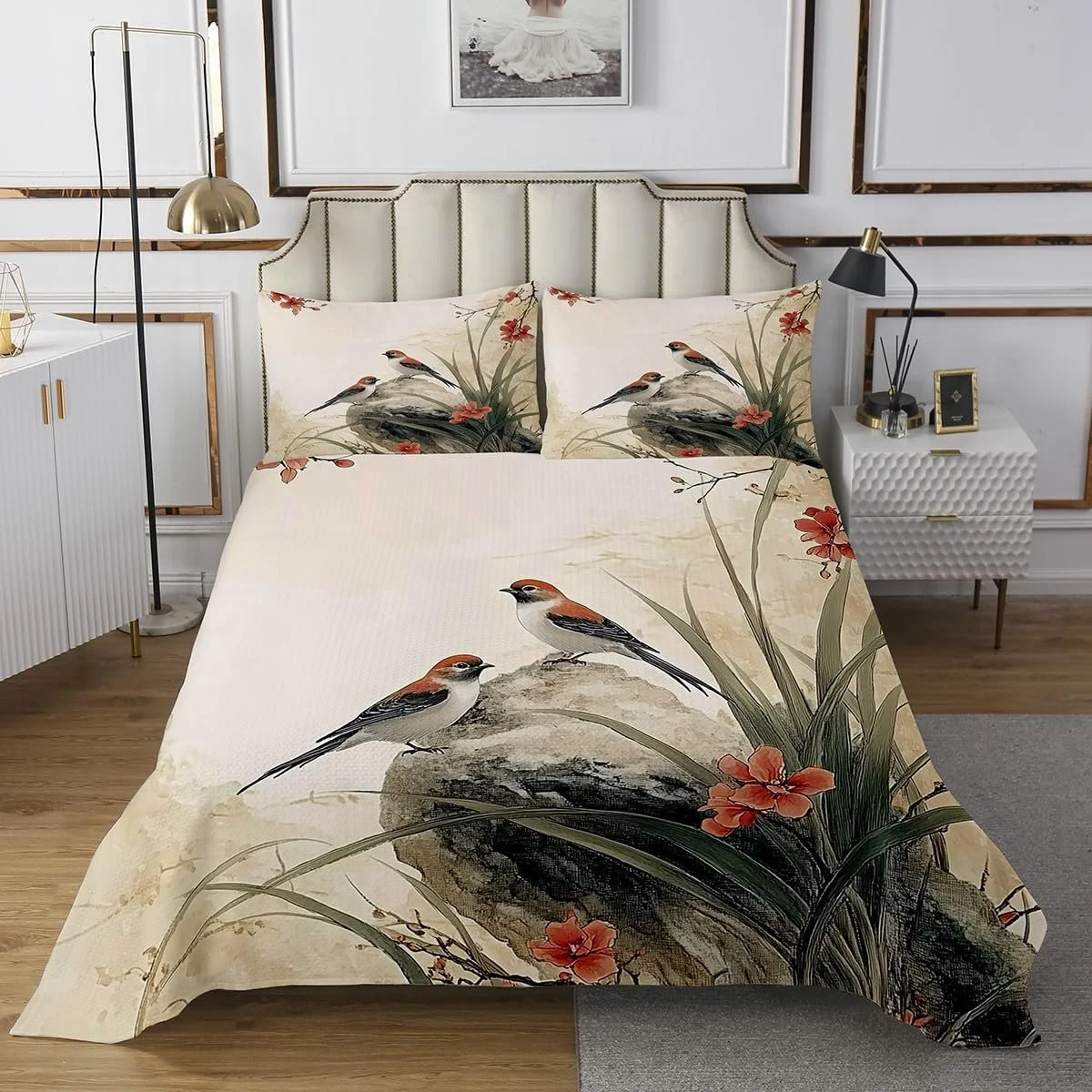 Одеяло в китайском стиле L Размер, Птицы Красные Цветы Зеленые Листья Набор одеяла с 2 наволочками, Китайская Традиционная Живопись Чернилами Микрофибра Покрывало Набор для Детей Взрослых, Дышащая, фото №2 Одеяло в китайском стиле L Размер, Птицы Красные Цветы Зеленые Листья Набор одеяла с 2 наволочками, Китайская Традиционная Живопись Чернилами Микрофибра Покрывало Набор для Детей Взрослых, Дышащая, фото №2