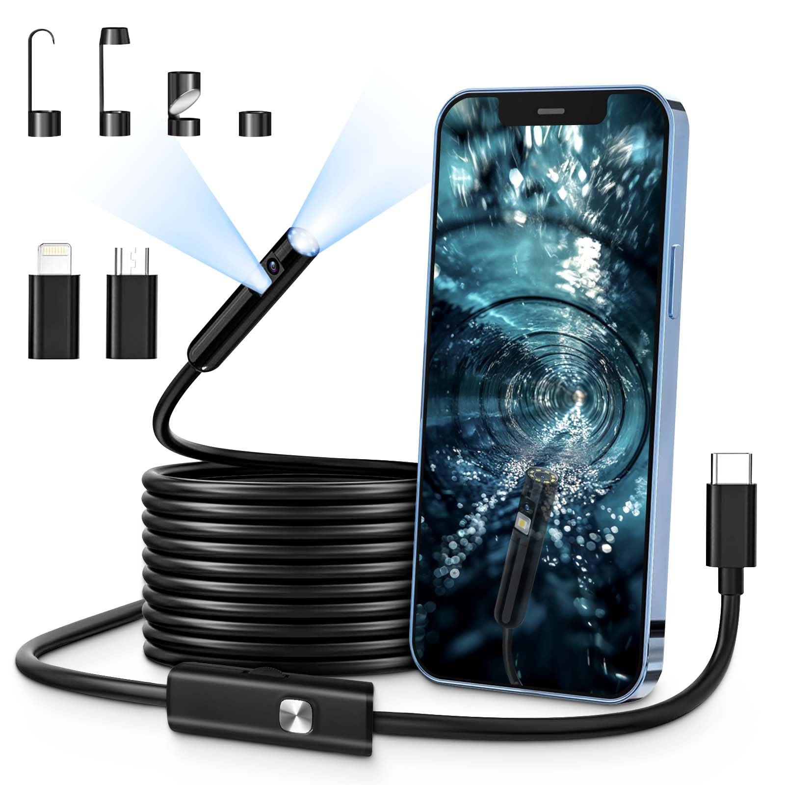 Інспекційна камера Ендоскоп H8W8H з подвійними лінзами 1920HD з 8+1 LED підсвічуванням, 15 футів напівтвердий кабель, IP67 водонепроникність для Android та iOS, фото №1