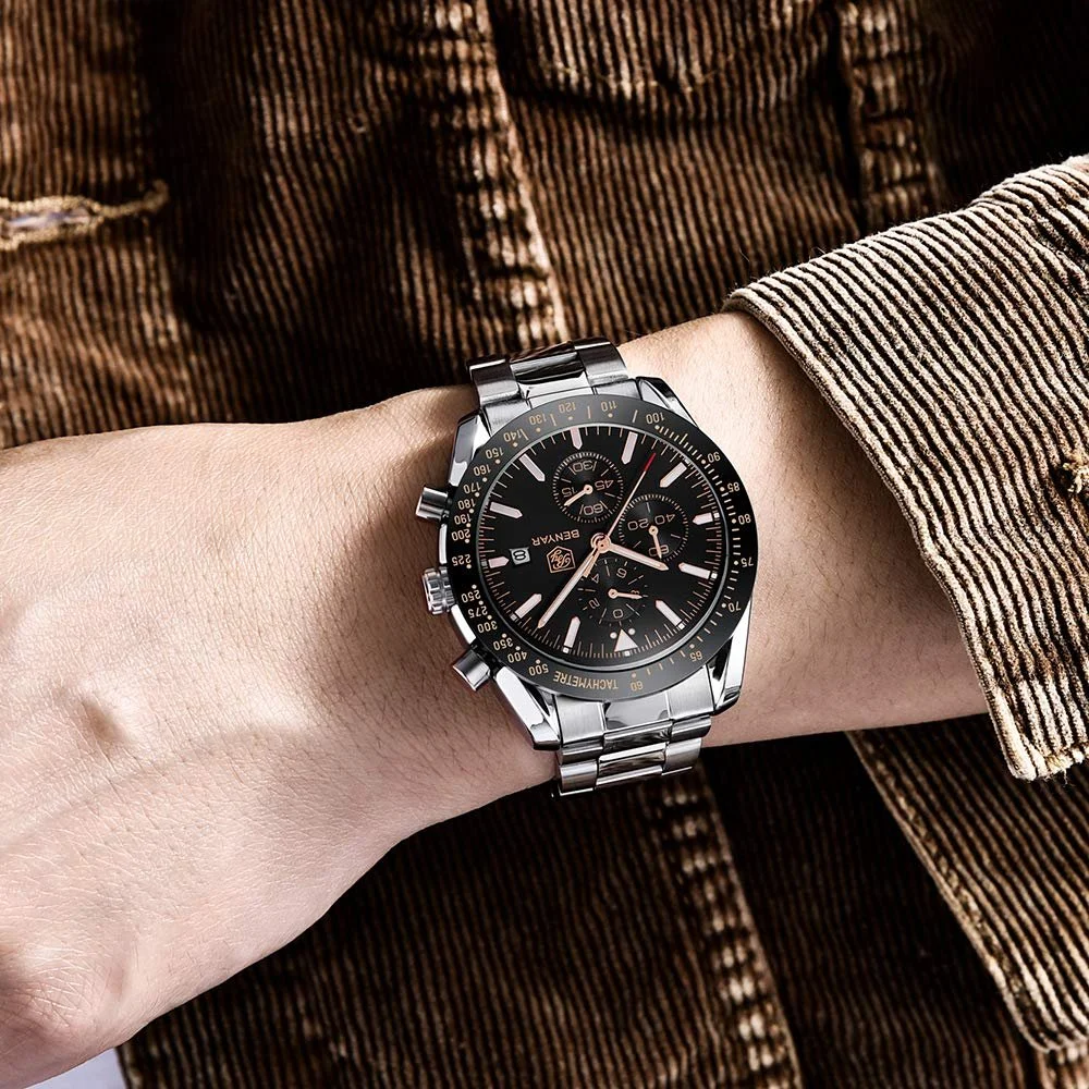 Мужские часы Benyar Хронограф Кварцевый Кожаный ремешок Спортивные Бизнес Модные Водонепроницаемые 30 м Устойчивые к царапинам, фото №3 Мужские часы Benyar Хронограф Кварцевый Кожаный ремешок Спортивные Бизнес Модные Водонепроницаемые 30 м Устойчивые к царапинам, фото №3