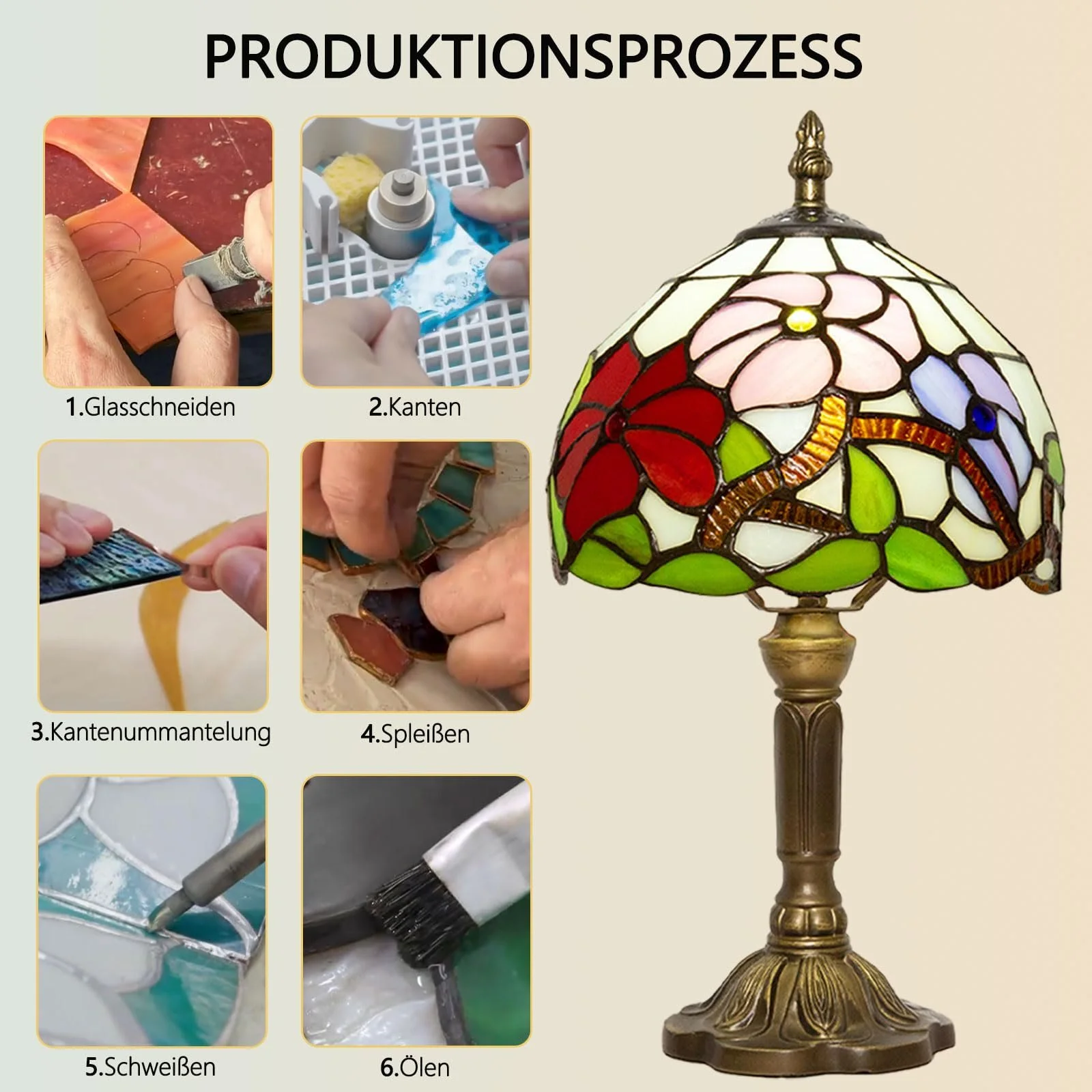 Настільна лампа Tiffany Three Flowers 8 дюймів ретро вітражне скло, фото №9