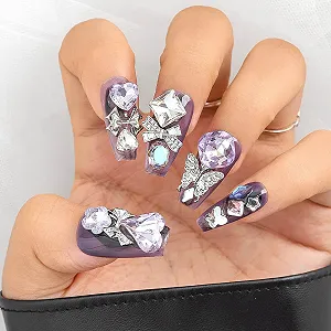 Накладные ногти Sethexy Длинные гробы с фиолетовыми стразами, 3D кристаллы, акрил, 20 шт (Q) synthetic.ua - Фото 1