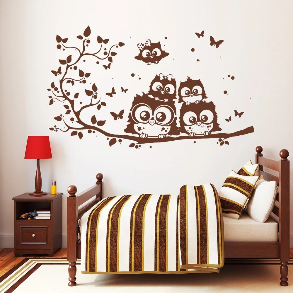Наклейка на стену Loft Owl Family Весенняя ветка с 5 совами 49 цветов, фото №3