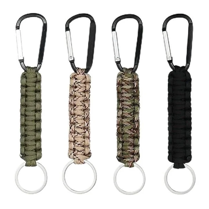 Брелоки 4 шт. з карабіном плетені для виживання в поході (чорний, помаранчевий, камуфляж зелений, камуфляж хакі), фото №1