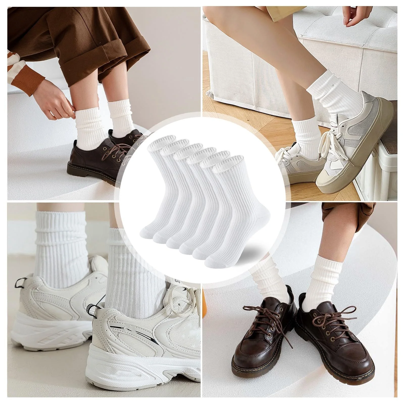 Женские носки Crew 3 пары Хлопок Премиум вязаные Милые эстетичные спортивные носки для повседневной носки Белый, фото №7