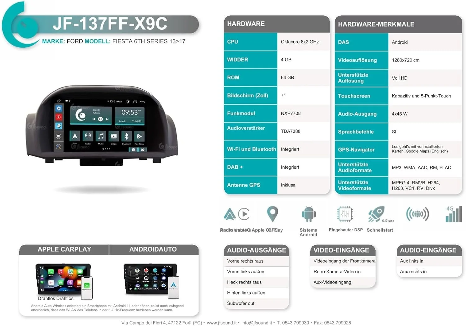 Штатная автомагнитола JFSOUND JF-137FF-X9C для Ford Fiesta 2013-16/7" / Сенсорная / 4/64Гб / Android / Apple CarPlay / Android Auto / Bluetooth / WI-FI / GPS / USB / DAB+, фото №4