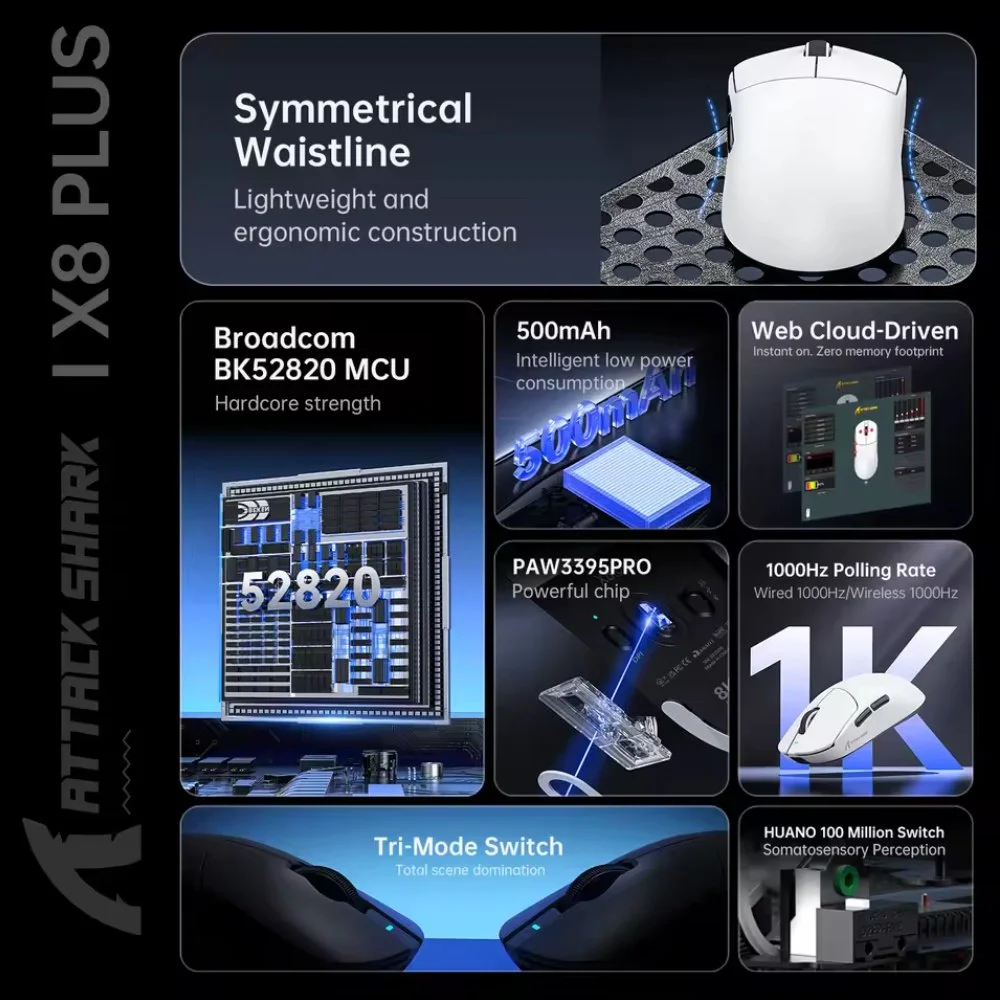 Миша Attack Shark X8 Pro PAW3395Pro 40000DPI 700IPS 60G 1000Hz Black, фото №2