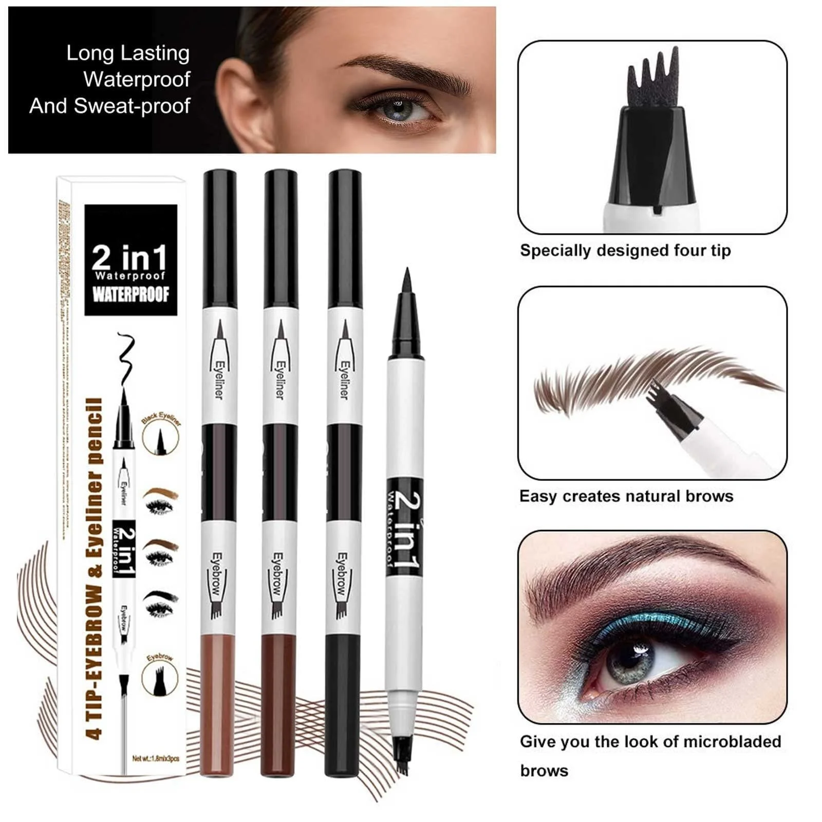 Двусторонняя Подводка для глаз Non Staining Water Eyebrow Pencil Waterproof Long Lasting Depigmentation Four Fork Set Waterproof Lazy Eyebrow Pencil Eyeliner 3 Sets of 6 мл (Черный,), фото №7