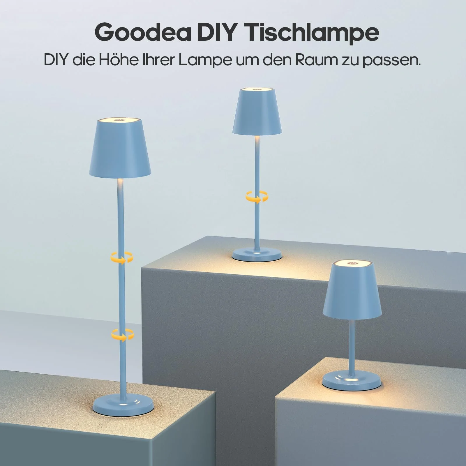 Настільна лампа 3-в-1 LED бездротова з акумулятором 5500 mAh, 3 висоти, регульована, димована, 3 кольори, металева водонепроникна сенсорна, синя [Набір із 1 шт.], фото №8