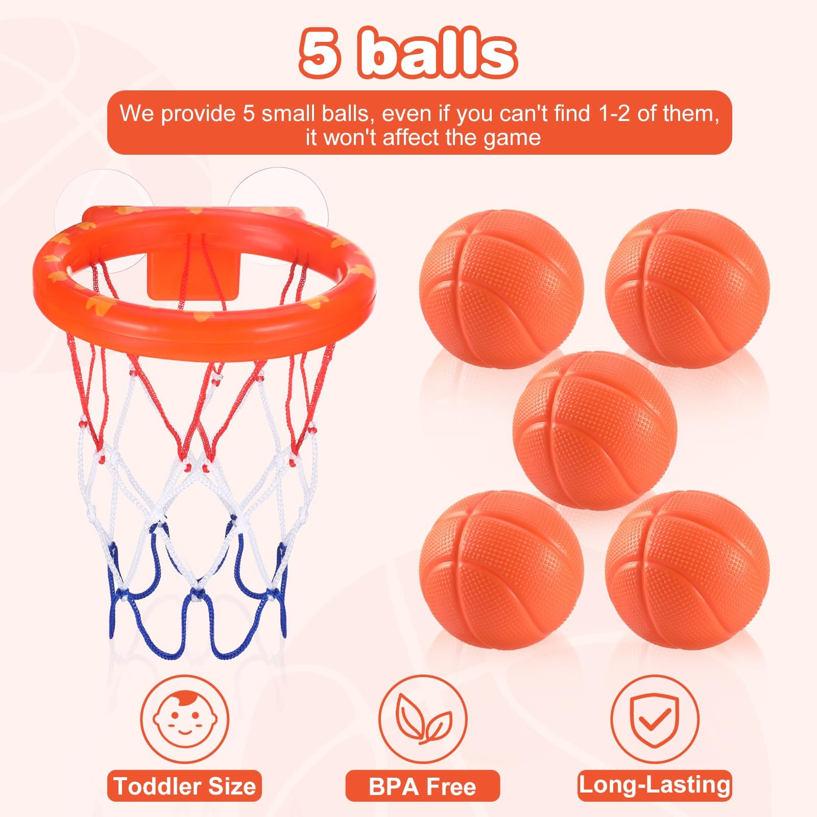 Іграшка для ванни: 5 м'ячів без отворів + баскетбольне кільце з міцною присоскою, фото №3