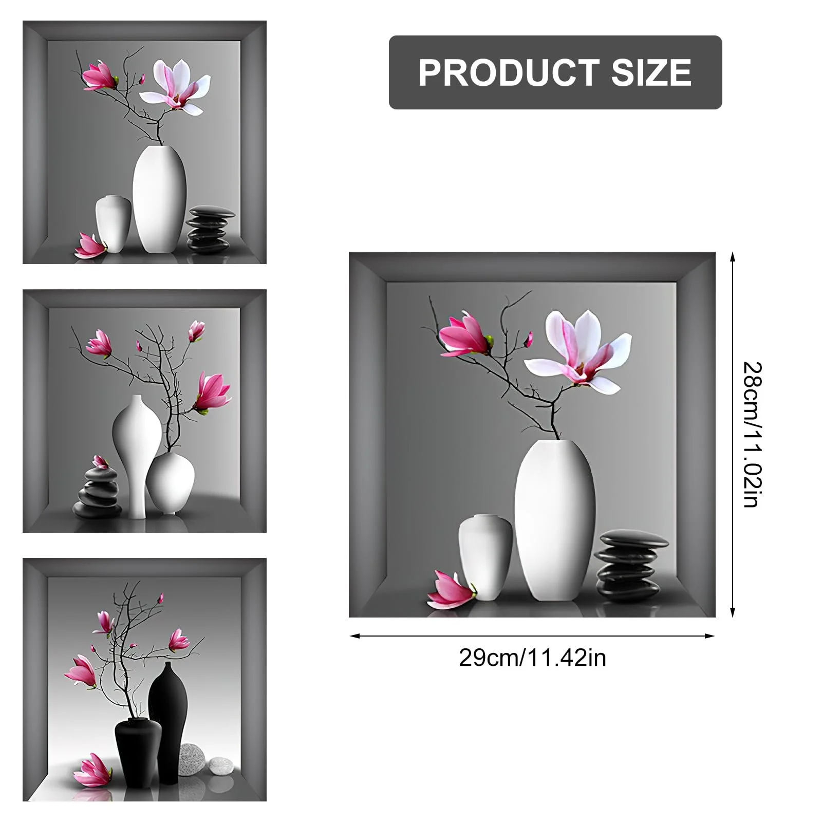 Наклейки на стіну UOCAI 3 штуки 3D Ваза з квітами 30 x 30 см, фото №3