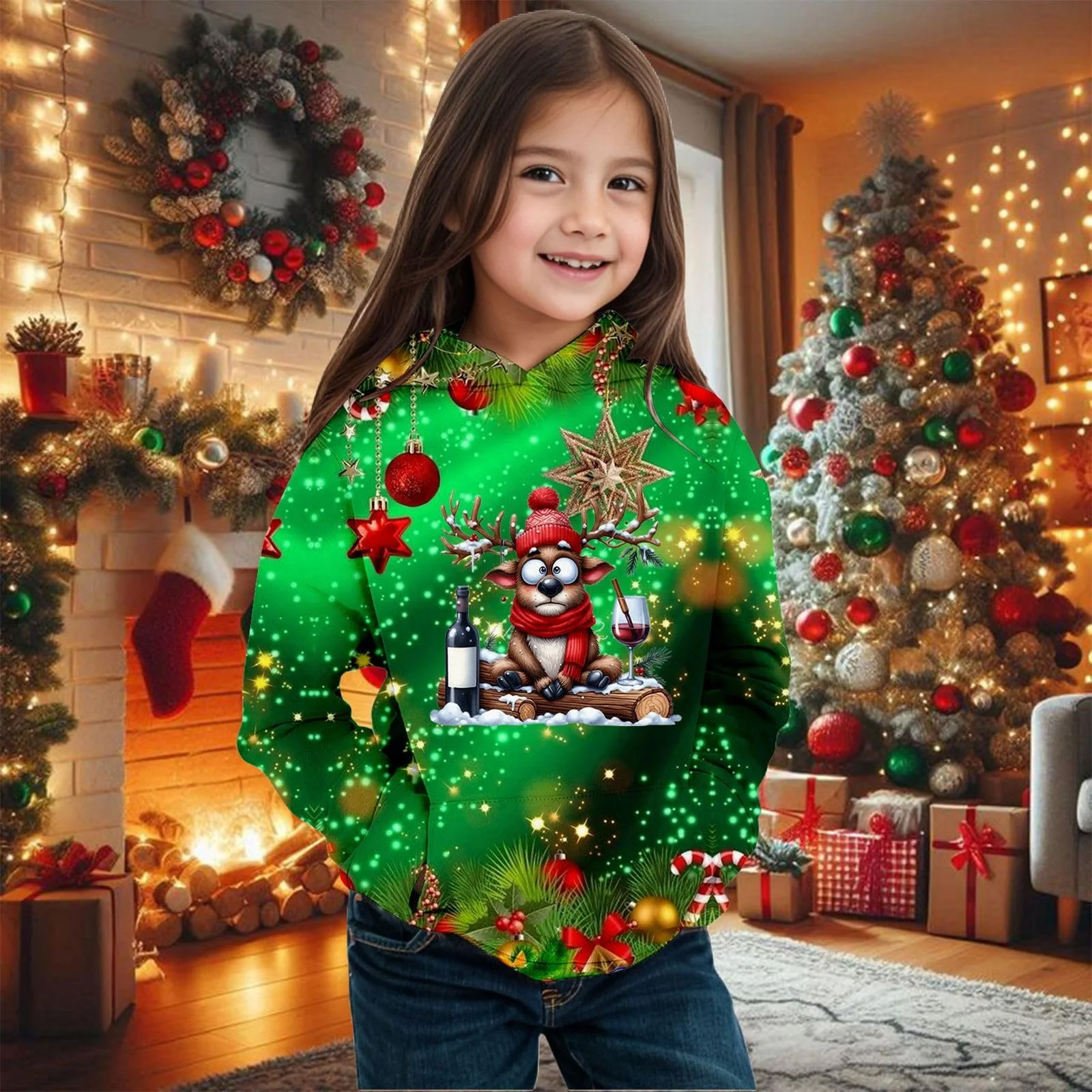 Детский Рождественский Джемпер с принтом, Толстовка для девочек, С длинным рукавом, Теплый зимний пуловер для малышей, Подростков, Повседневная флисовая куртка, фото №2