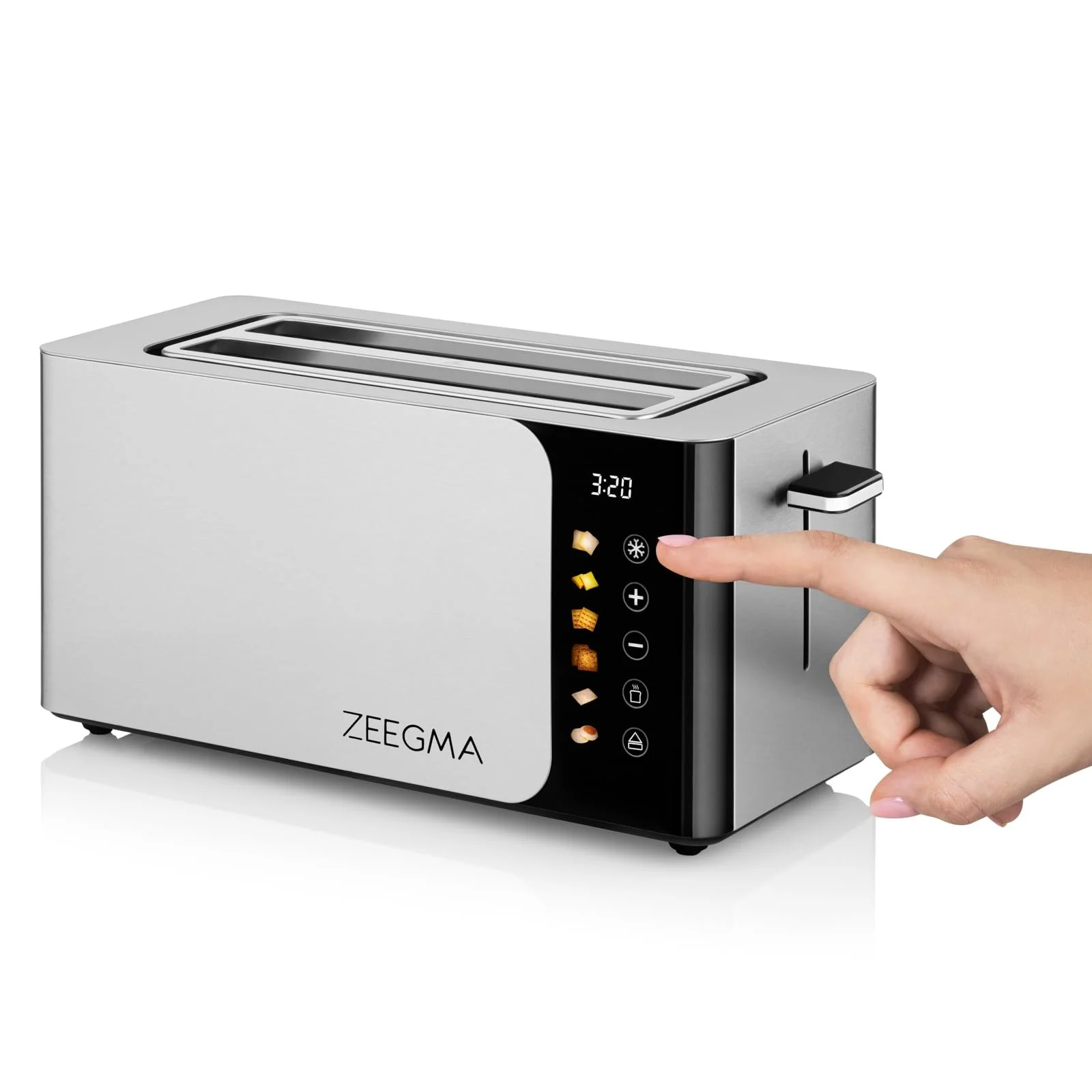 Тостер ZEEGMA TOSTEE SMART 4 скибочки, нержавіюча сталь, тримач для хліба, 1500 Вт, розморожування, підігрів і зупинка, відсік для крихт, сенсорна панель, таймер, 6 рівнів, фото №4