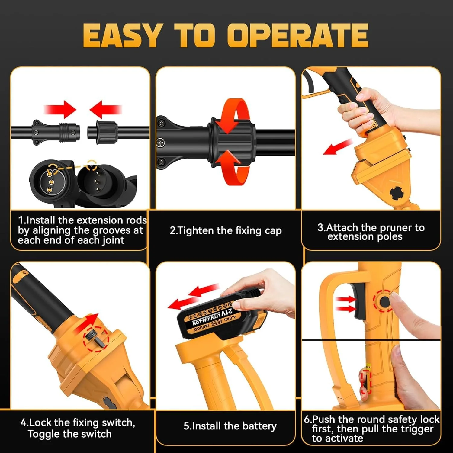 Електричні секатори з штангою 200 см, акумуляторні, 50 мм, леза SK7, 4000 mAh, фото №4