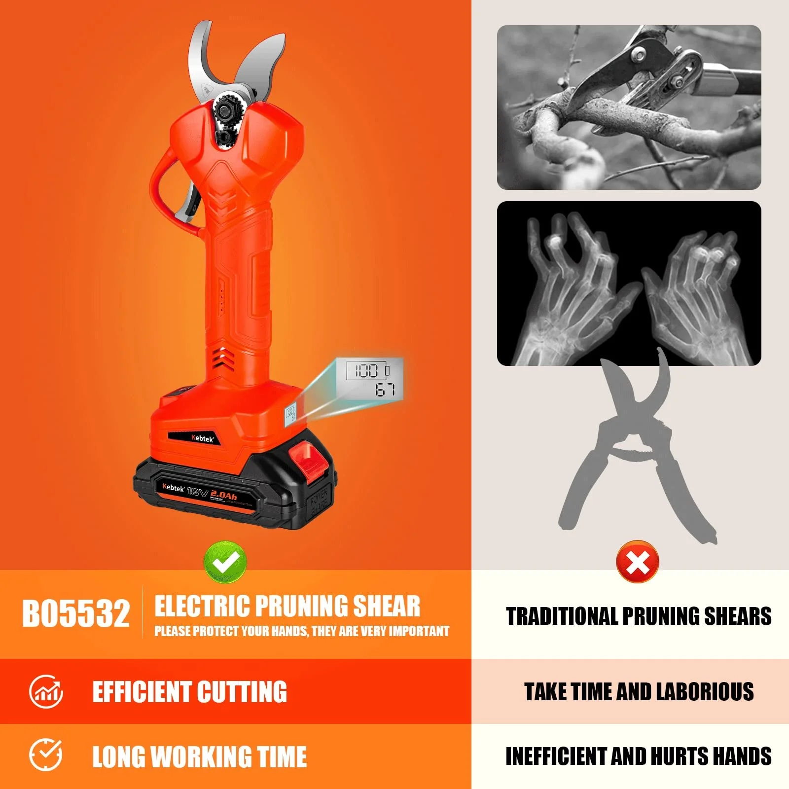 Електричний секатор Kebtek Professional 18V акумуляторний, різак для гілок з 2 літієвими батареями 2 Аг, безщітковий двигун, 32 мм, фото №9