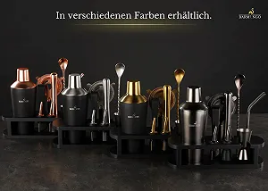 Набор для коктейлей BARMINGO Stainless Steel, 11 предметов Шейкер для коктейлей 700 мл с подставкой и аксессуарами, Черный с золотым synthetic.ua - Фото 1