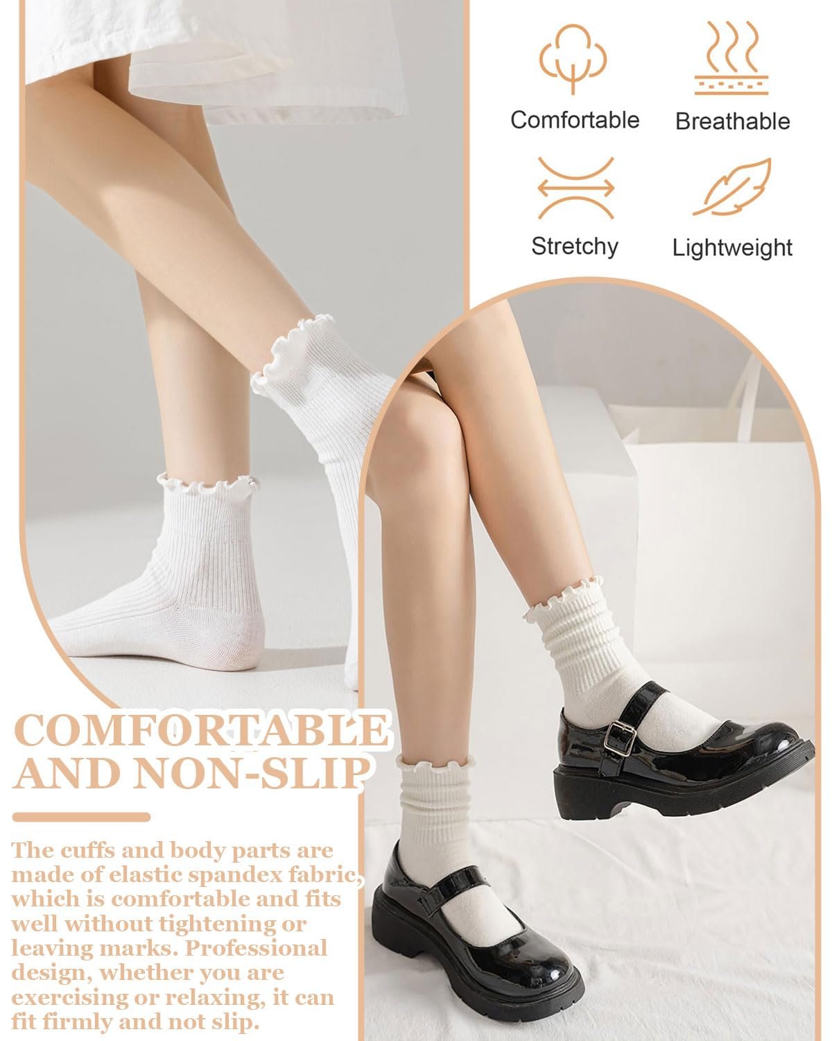 Носки с рюшами Хлопковые Женские Носки до середины голени Мягкие дышащие для женщин/девушек для спорта/отдыха 35-40 Белый, кремовый, 6 пар, фото №4