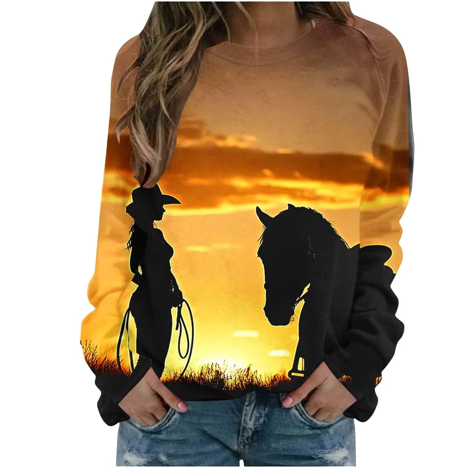 Рубашка с длинными рукавами Komiseup Basic, круглый вырез, свободный свитер без капюшона, западный ковбойский принт, праздничная спортивная рубашка, модный топ с принтом лошади, подростковая девушка, уличная одежда 08, фото №2