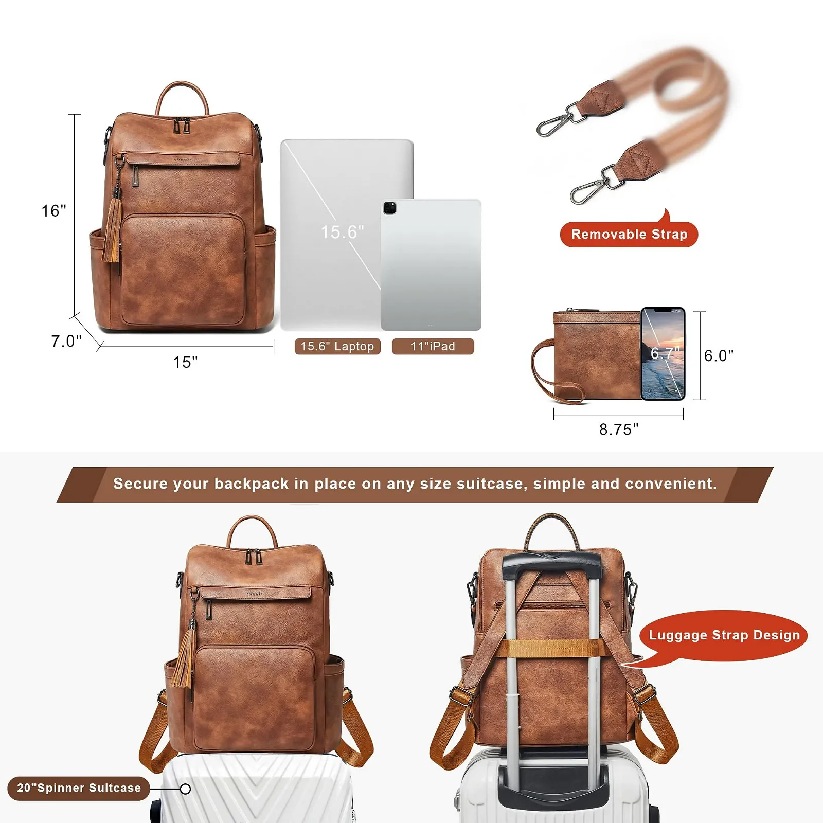 Рюкзак Shrrie Elegant для ноутбука 15.6 дюйма кожаный водонепроницаемый с кошельком Black, фото №4