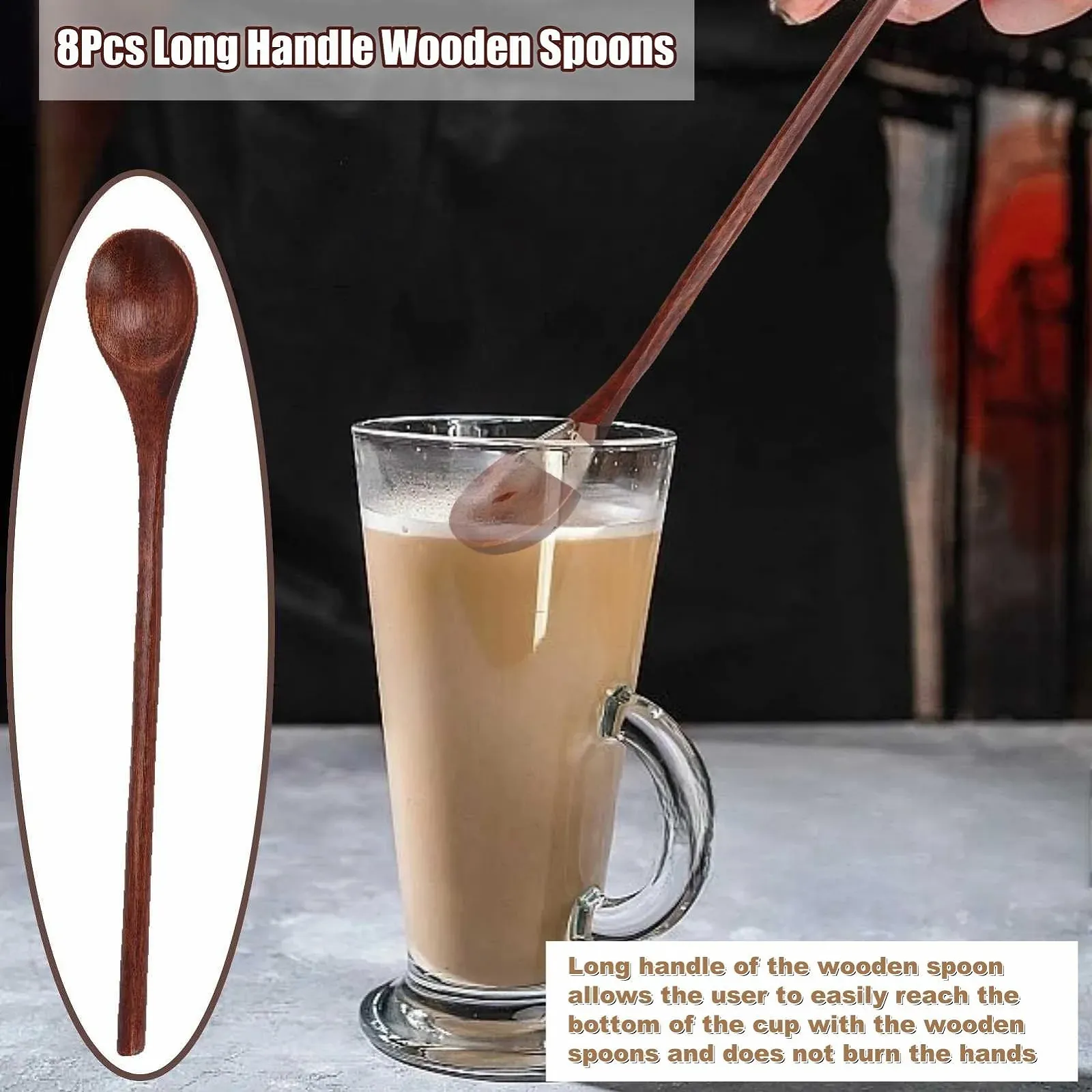 Набір дерев'яних ложок, 8 шт, з довгою ручкою, Дерев'яна, фото №5