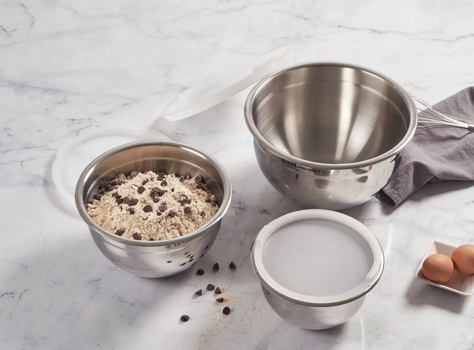 Набір чаш для змішування LE CREUSET 41901000010000 3 штуки з нержавіючої сталі з кришкою, фото №7
