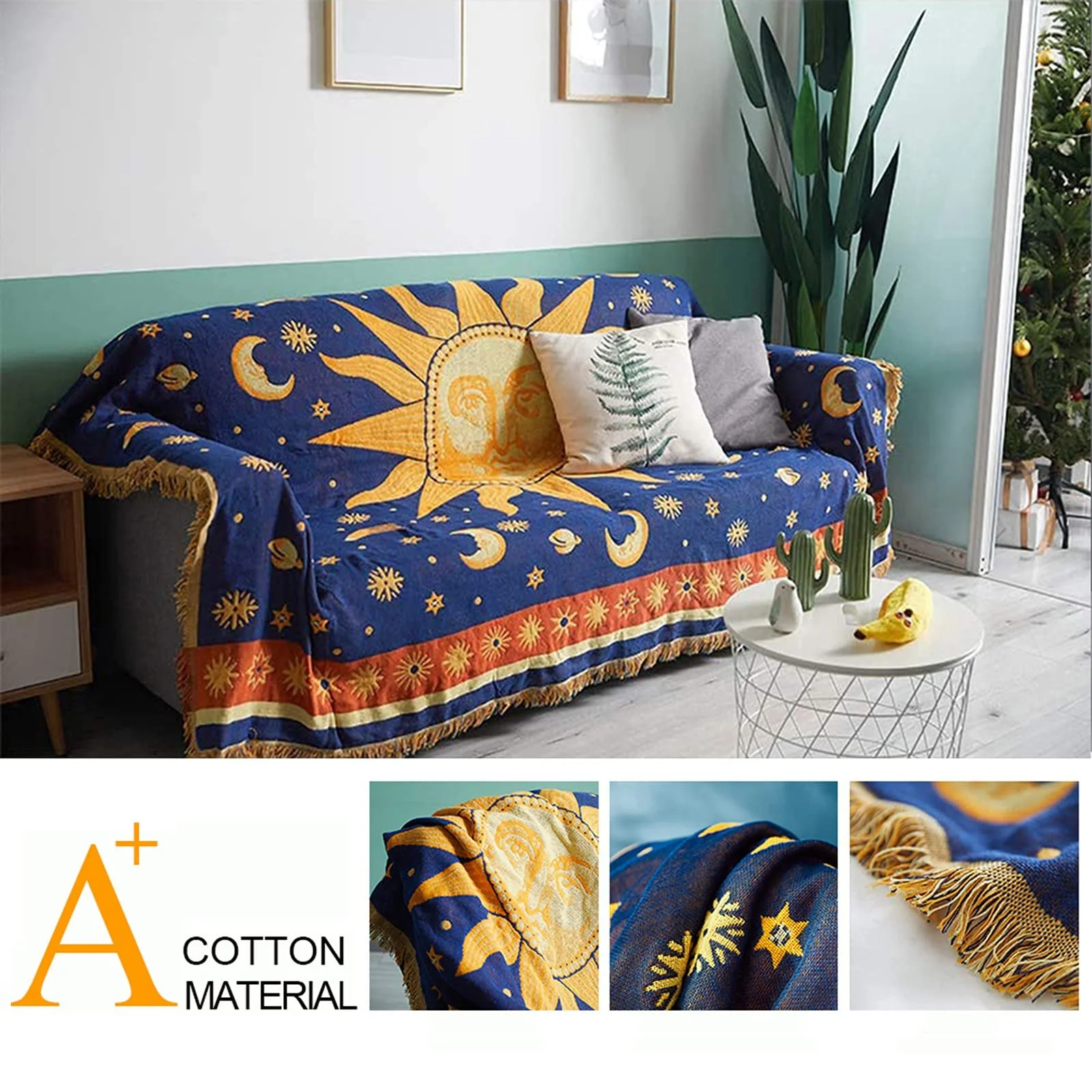 Покривало HOORDRY Сонце та Місяць з бахромою, двосторонній бавовняний індійський плед, 130 x 180 см, жовтий/синій, фото №3