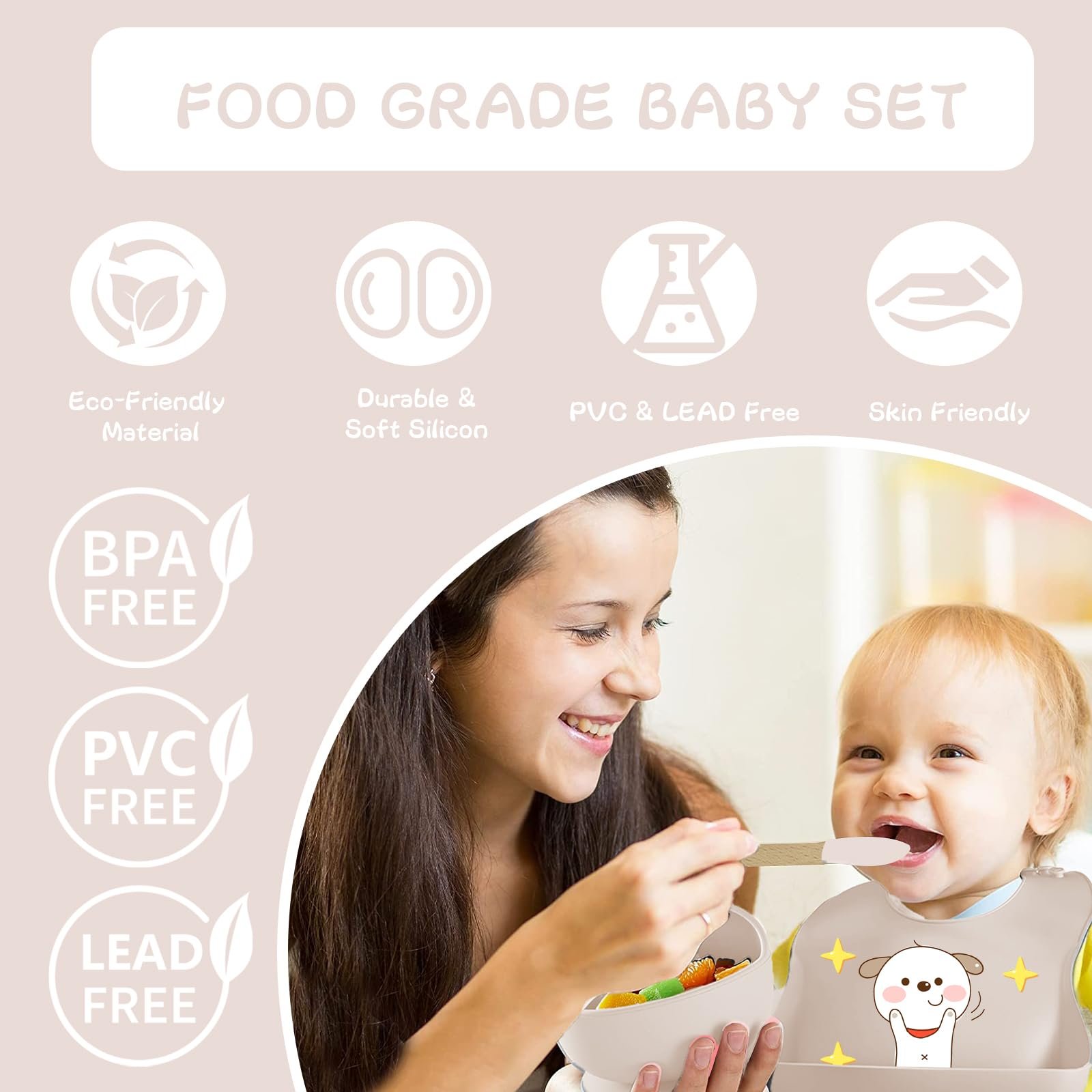 Набор детской посуды Bizcasa силиконовый 8 предметов, нескользящий, с присоской, бежевый, фото №3 Набор детской посуды Bizcasa силиконовый 8 предметов, нескользящий, с присоской, бежевый, фото №3