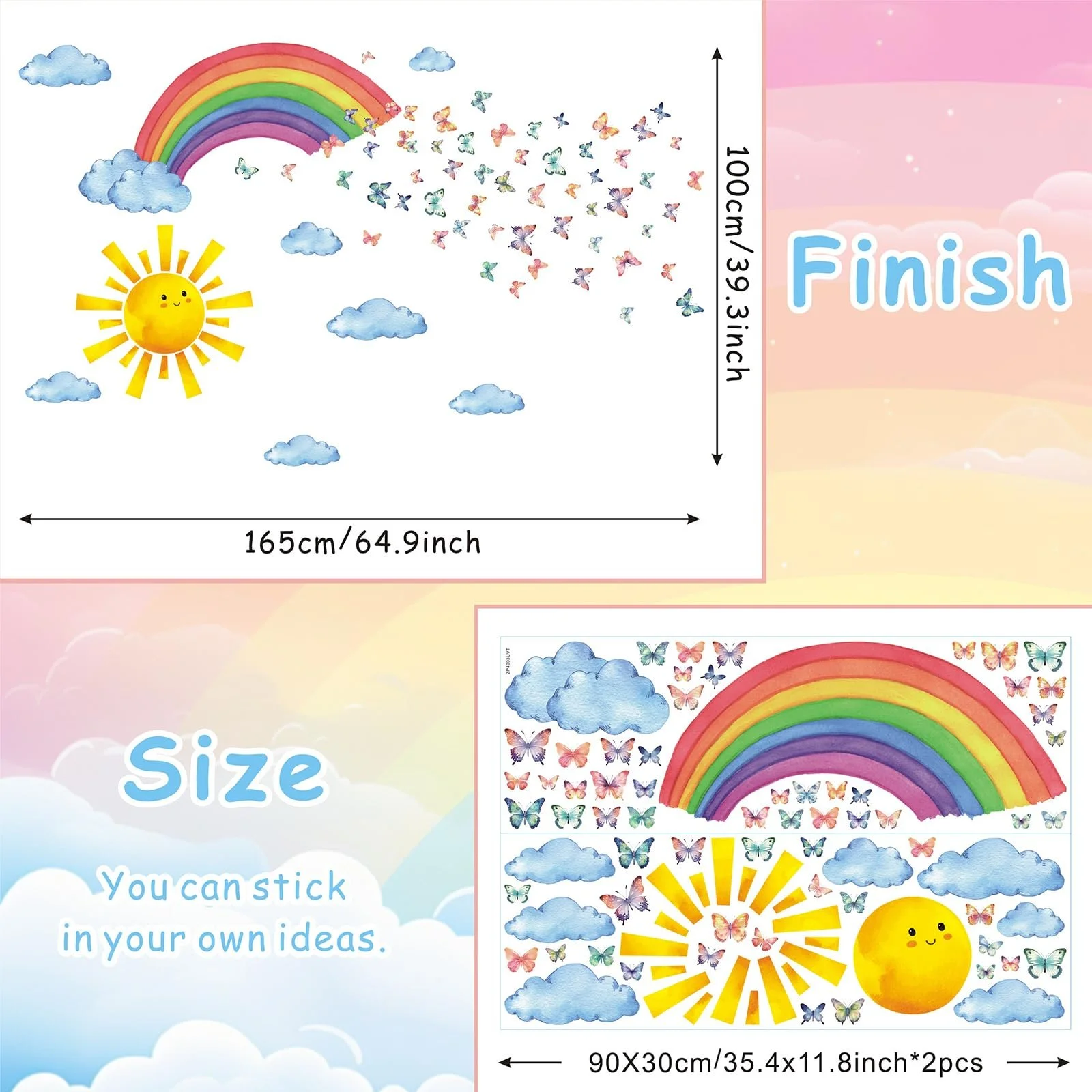 Наклейка на стіну HPNIUB Веселка Хмаринки Сонце 90 x 60 см Кольорова, фото №3
